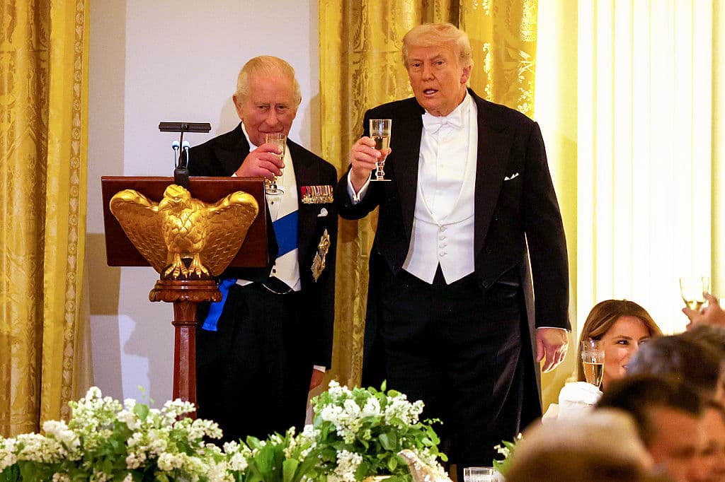 King Charles III and President Trump give a toast in the East Room during an official state dinner at The White House on April 28, 2026 at Washington, DC.