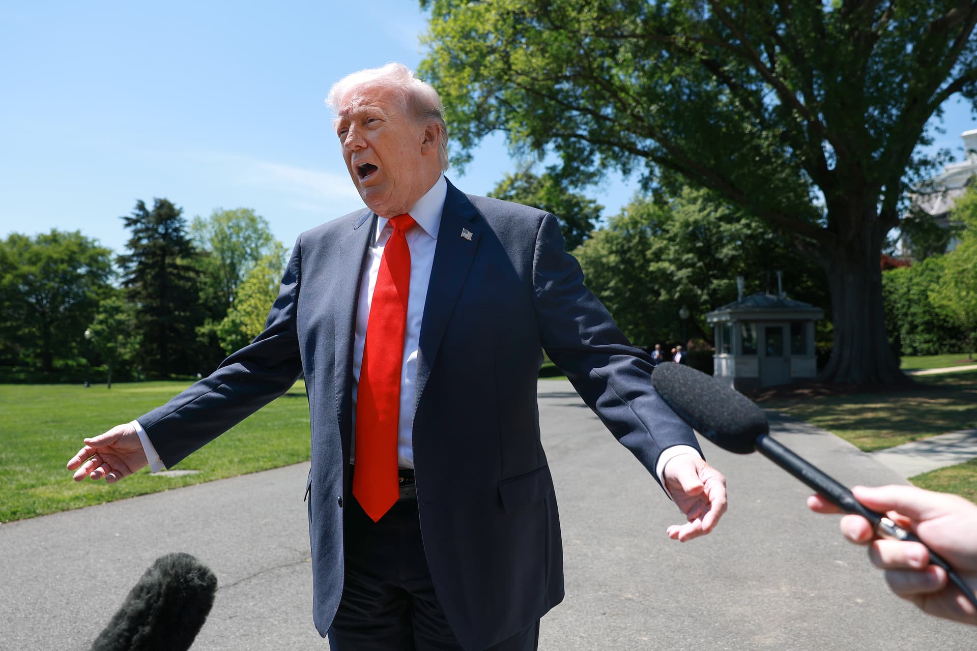 President Trump speaks to reporters as he departs the White House on May 1, 2026.