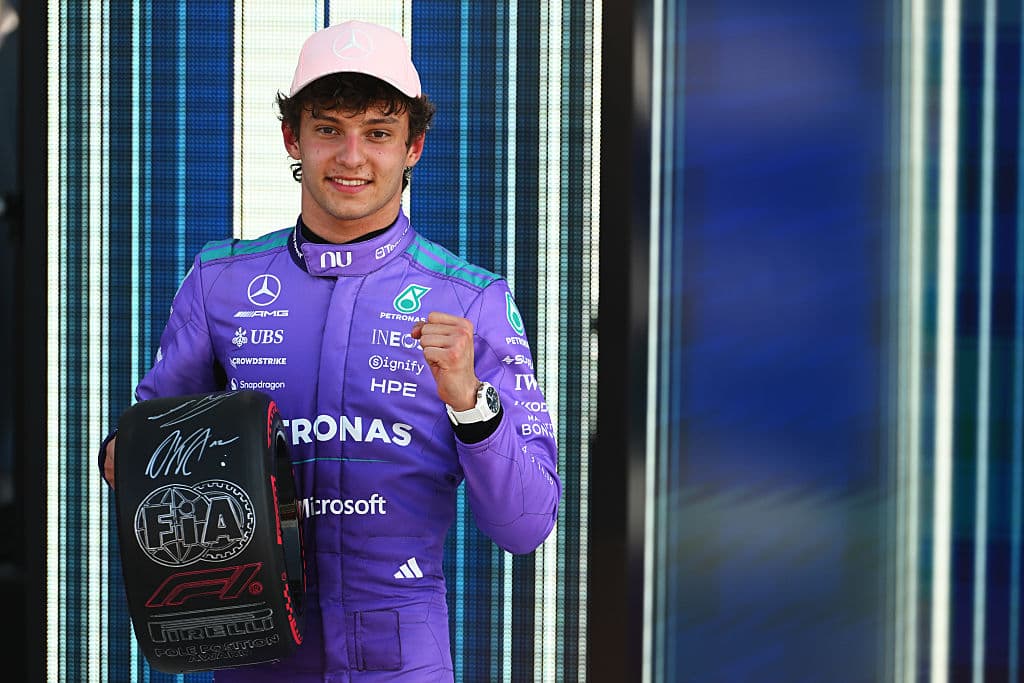 Kimi Antonelli of Italy with his Pirelli Pole Position award during qualifying ahead of the F1 Grand Prix of Miami on May 2, 2026.