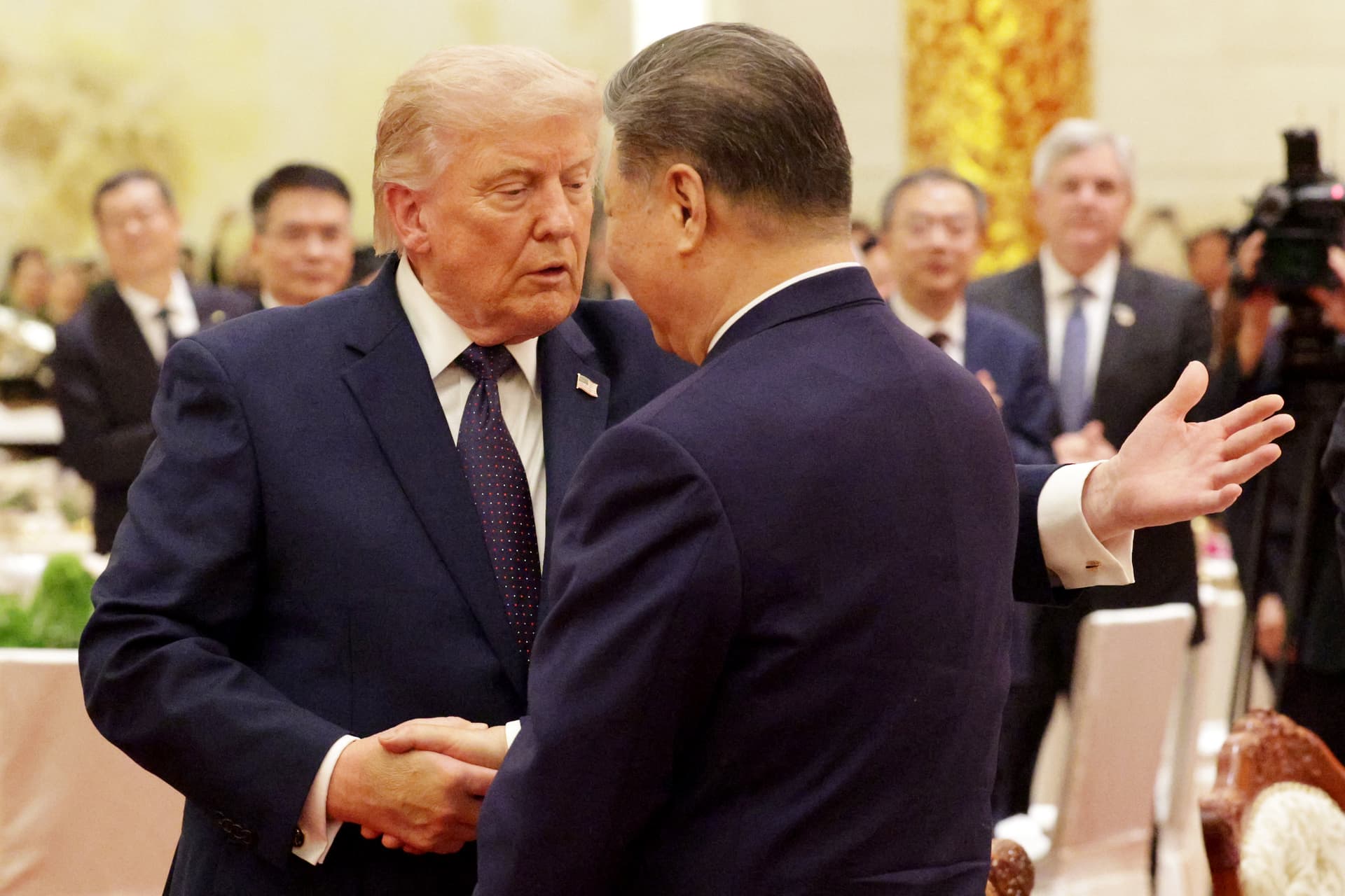 President Trump shakes hands with President Xi Jinping during a state banquet at the Great Hall of the People on May 14, 2026 at Beijing.