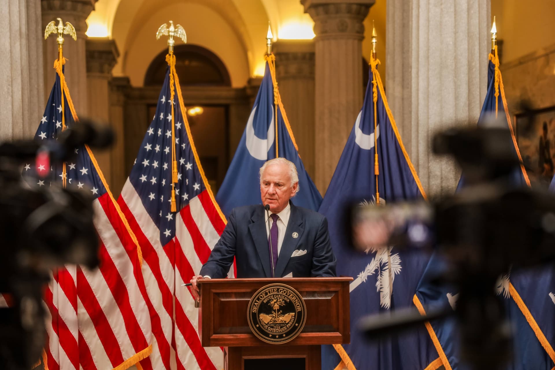 In this undated photo, South Carolina Henry McMaster speaks at the South Carolina State House at Columbia.