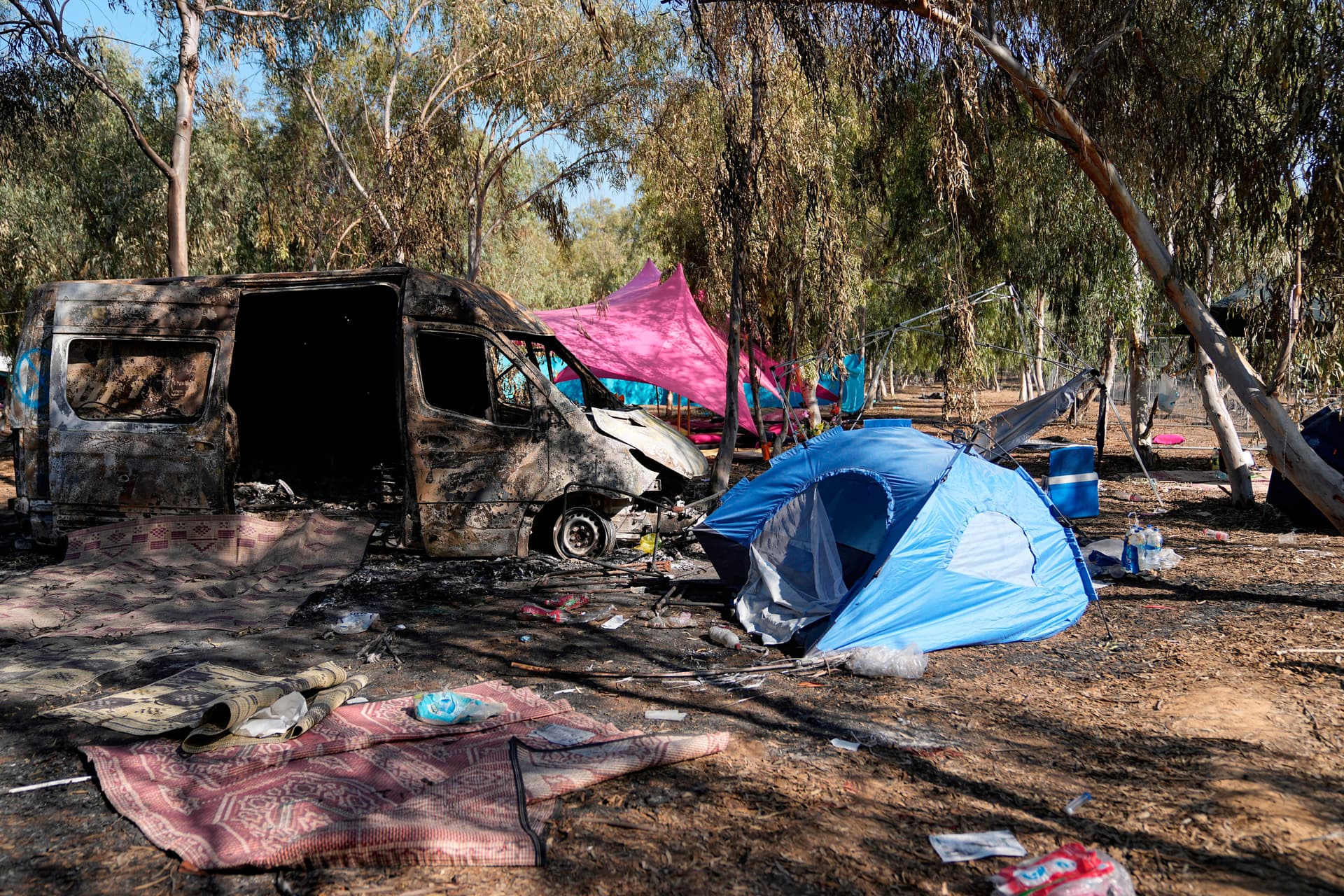 The site of the Nova music festival, where Israeli festival-goers were killed and taken hostage during the October 7, 2023, attack by Hamas militants, is seen five days later.