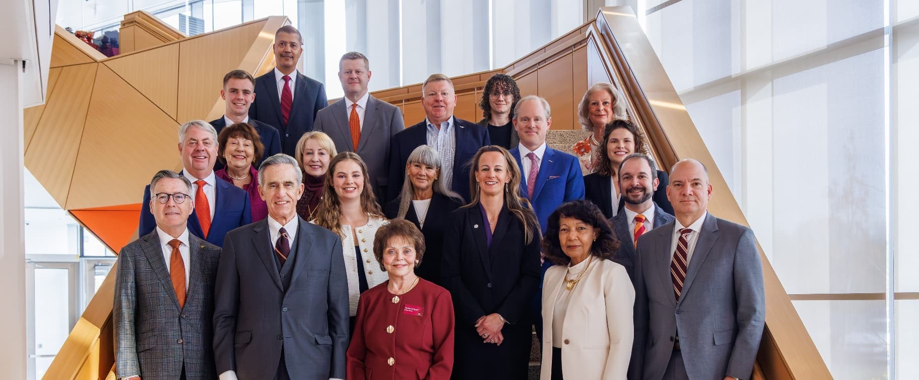 This photo of the 2025-2026 Virginia Tech Board of Visitors shows rector John Rocovich second from the left in the front row.