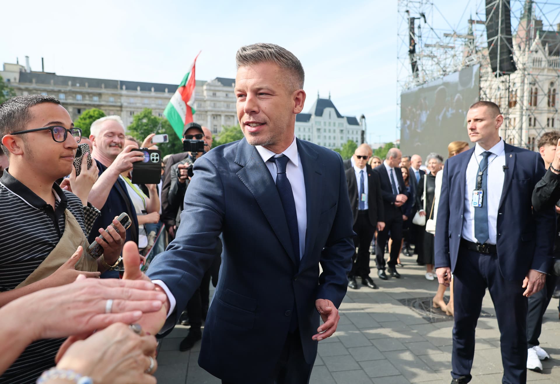 Prime Minister Peter Magyar of Hungary greets supporters outside the parliament building where he was sworn in at Budapest on May 9, 2026.