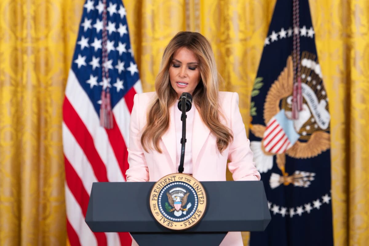 First Lady Melania Trump deliver remarks at a Military Mothers’ Day event at the White House on May 6, 2026.