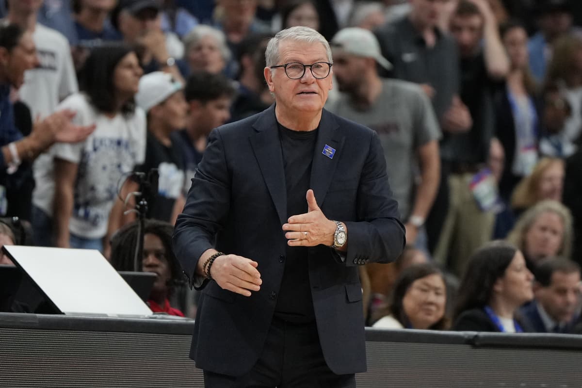 UConn head coach Geno Auriemma  gestures during the first half of a woman's NCAA basketball semifinal against South Carolina at Phoenix, Arizona, on April 3, 2026.