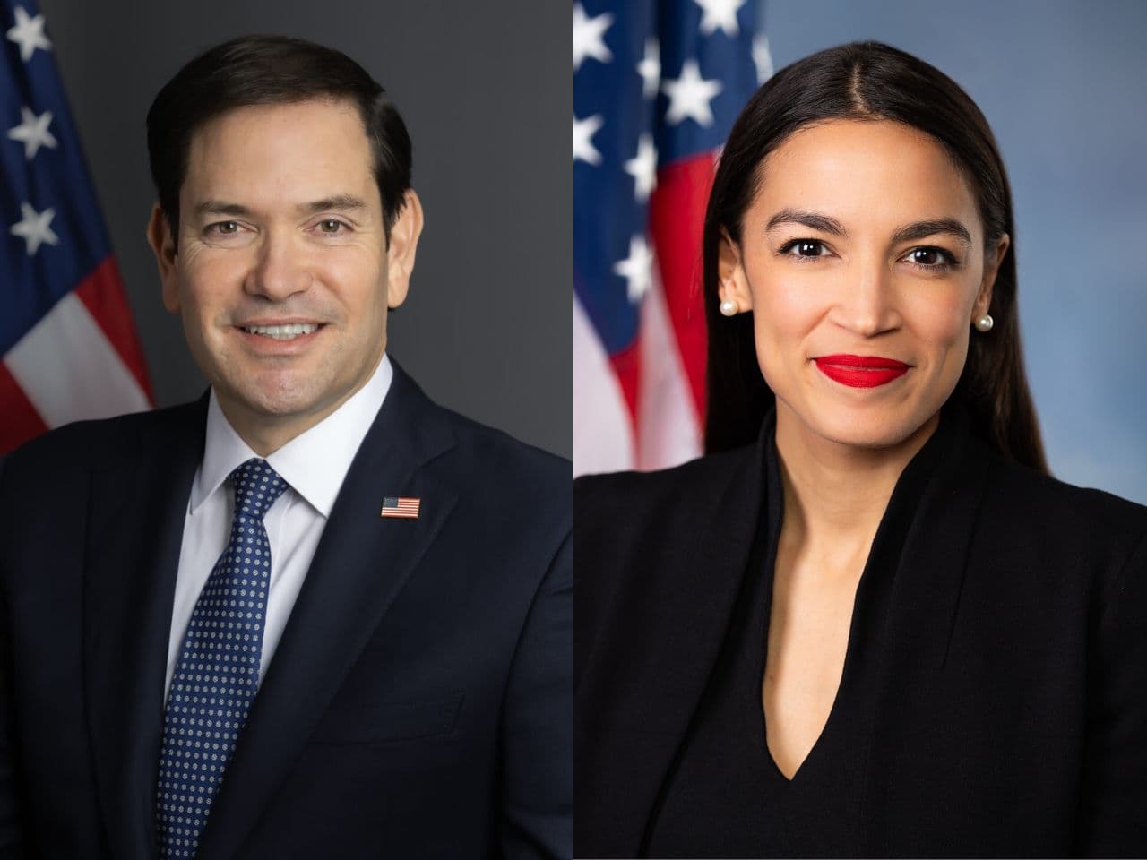 Secretary of State Marco Rubio, left, and Congresswoman Alexandrio Ocasio Cortez of New York.
