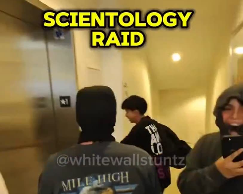 A content creator known as Derek Miranda and going by the online handle @whitewallstuntz is credited for stunt videos, including recent raids on Church of Scientology buildings at New York and Los Angeles.