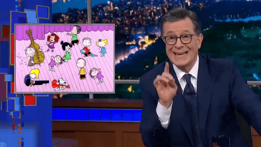 Colbert took a shot at CBS by having his band play 'Linus and Lucy' music from The Peanuts.  “Is the band right now playing the same ‘Peanuts’ music that I just said people are getting sued for using without permission? … Oh no, I hope this doesn’t cost CBS any money.'