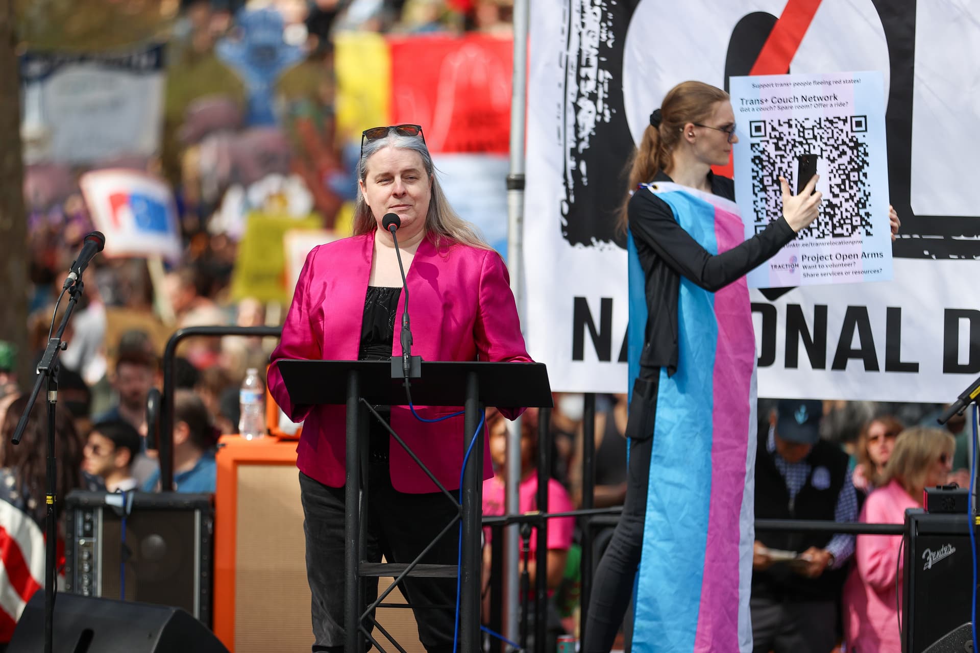 A co-founder of the Gender Justice League, Elayne Wylie, speaks during a nationwide ‘Hands Off!’ protest at Seattle, Washington, on April 5, 2025.