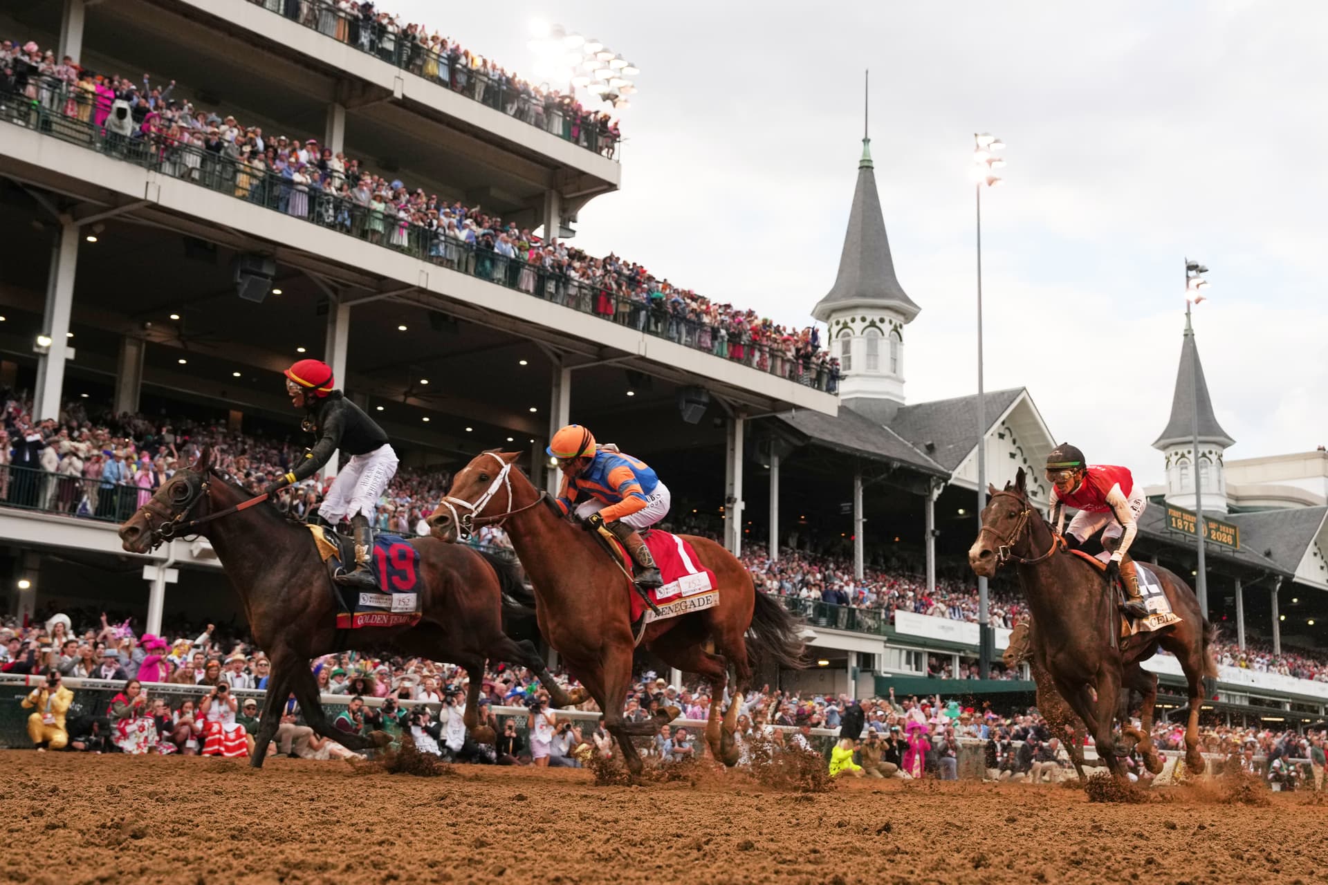 Jockey Jose L. Ortiz rides Golden Tempo (19) to victory at the 152nd running of the Kentucky Derby horse race at Churchill Downs, May 2, 2026, at Louisville.