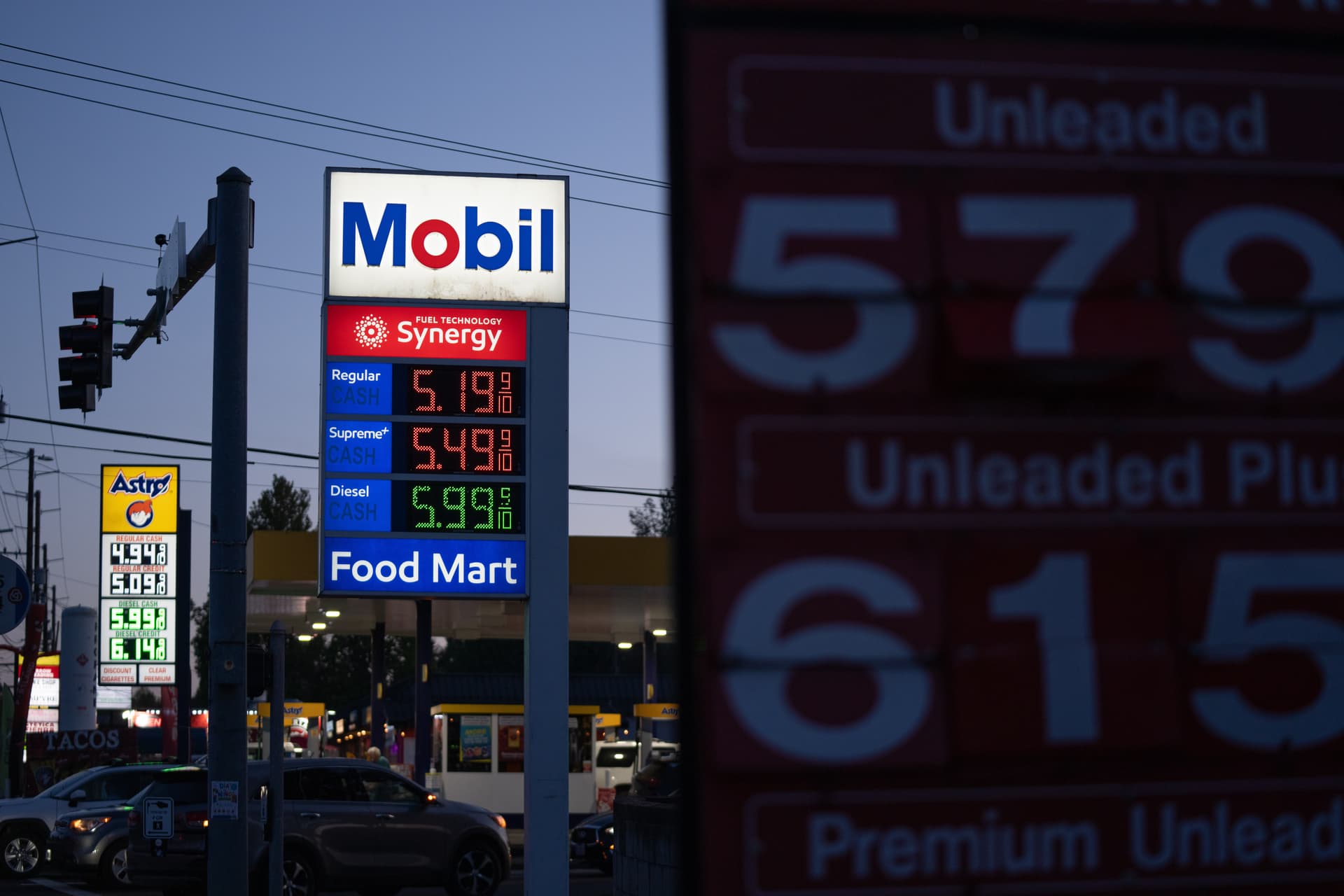 Gasoline prices are displayed at a Mobil gas station at Portland, Oregon, on April 29, 2026.