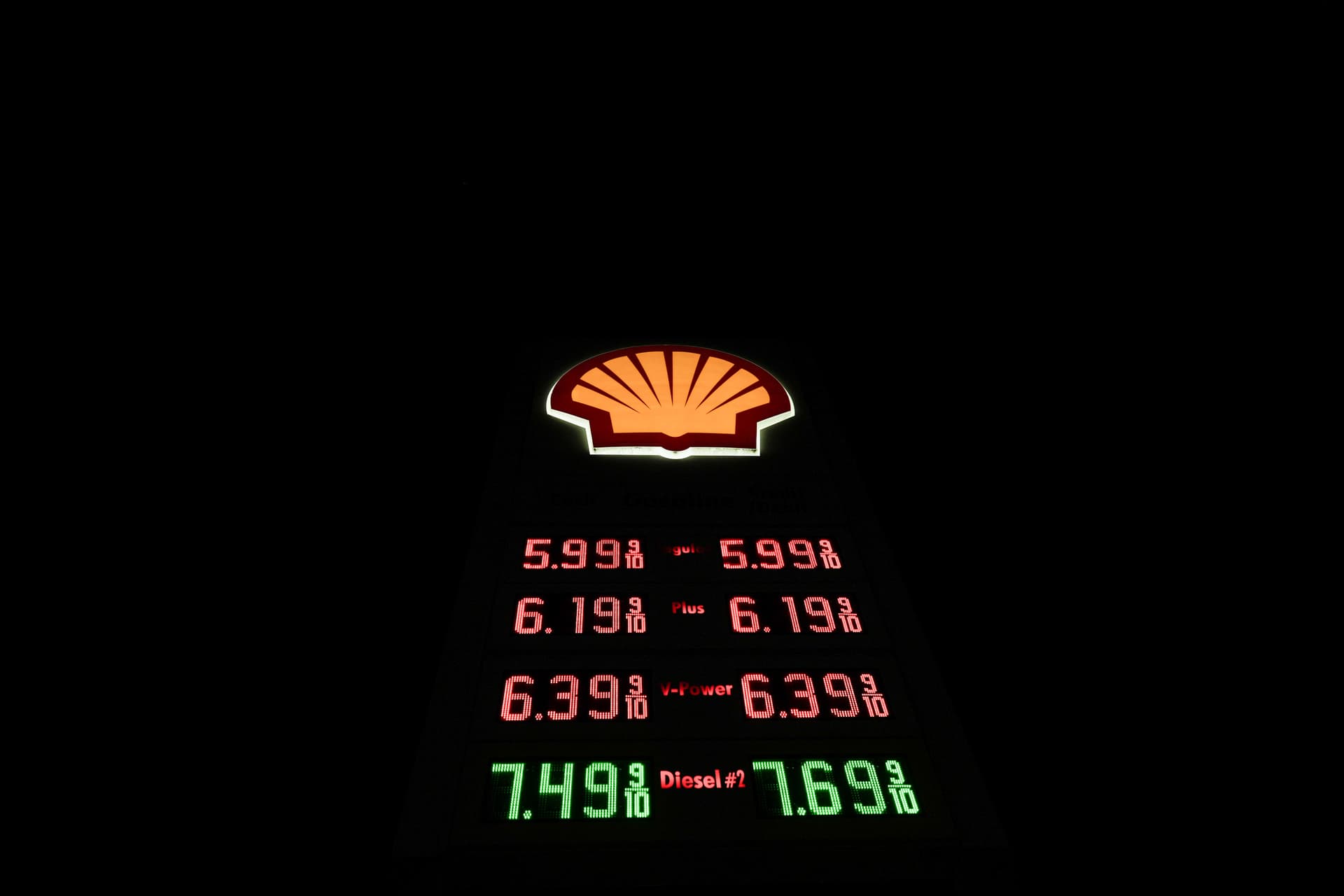 Gas prices are shown at a Shell gas station at Hacienda Heights, California, on May 20, 2026.