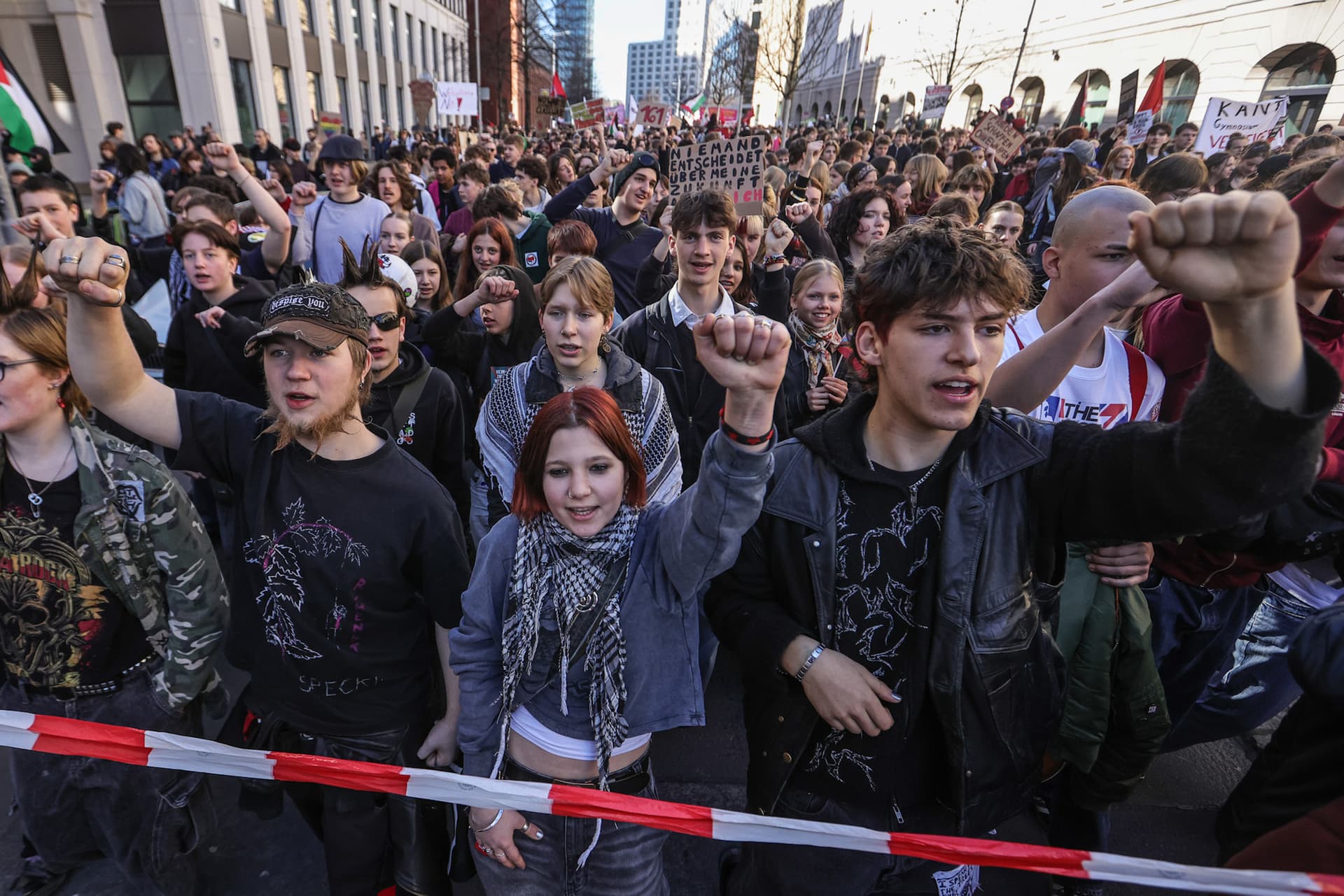 Striking German students protesting against a proposal for mandatory military service on March 5, 2025 at Berlin. 