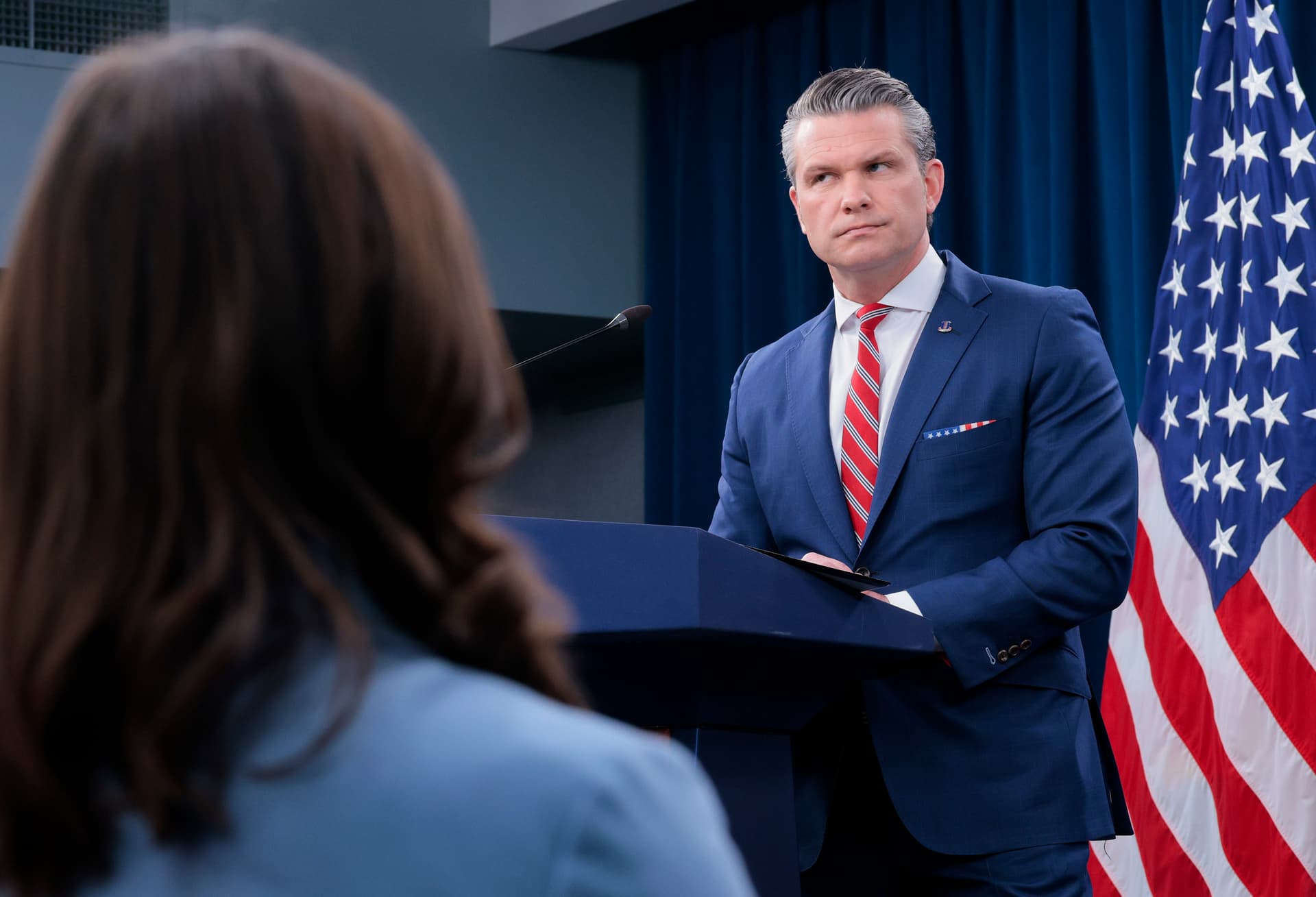 Secretary of Defense Pete Hegseth looks on during a press briefing at the Pentagon on May 5, 2026 in Arlington, Virginia. 