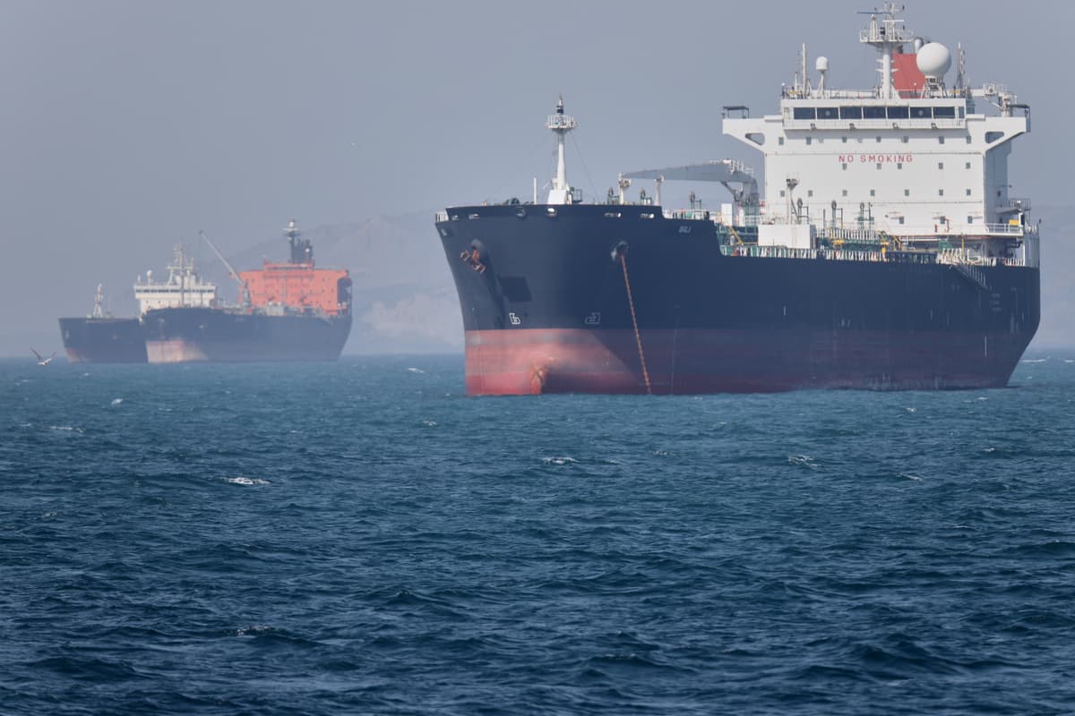 Oil tankers at anchor in the Strait of Hormuz off Bandar Abbas, Iran, May 2, 2026.