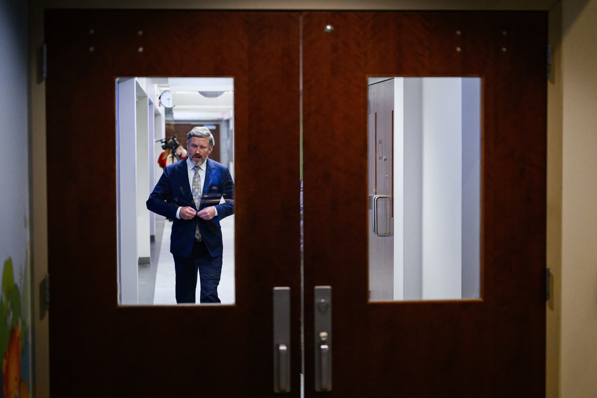 Rep. Thomas Massie exits the studio after a Kentucky Educational Television (KET) debate, May 4, 2026, in Lexington.