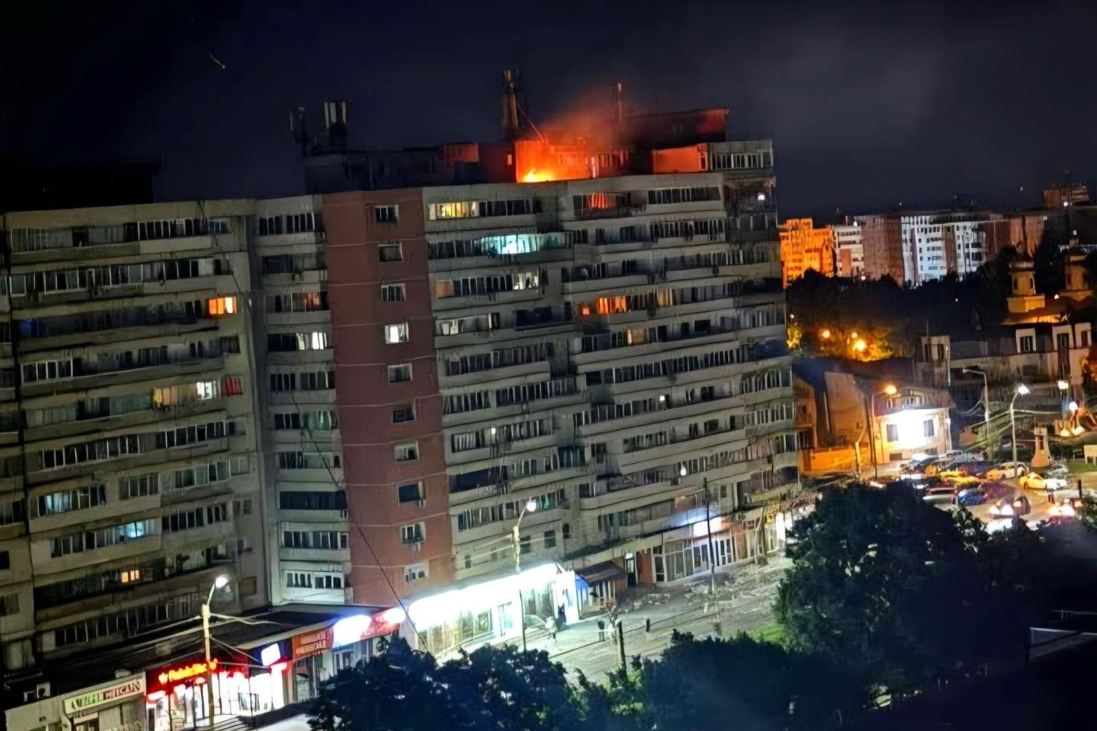 A fire on top of a block of flats after a drone crash at Galati, eastern Romania near the Ukrainian border, May 29, 2026. 