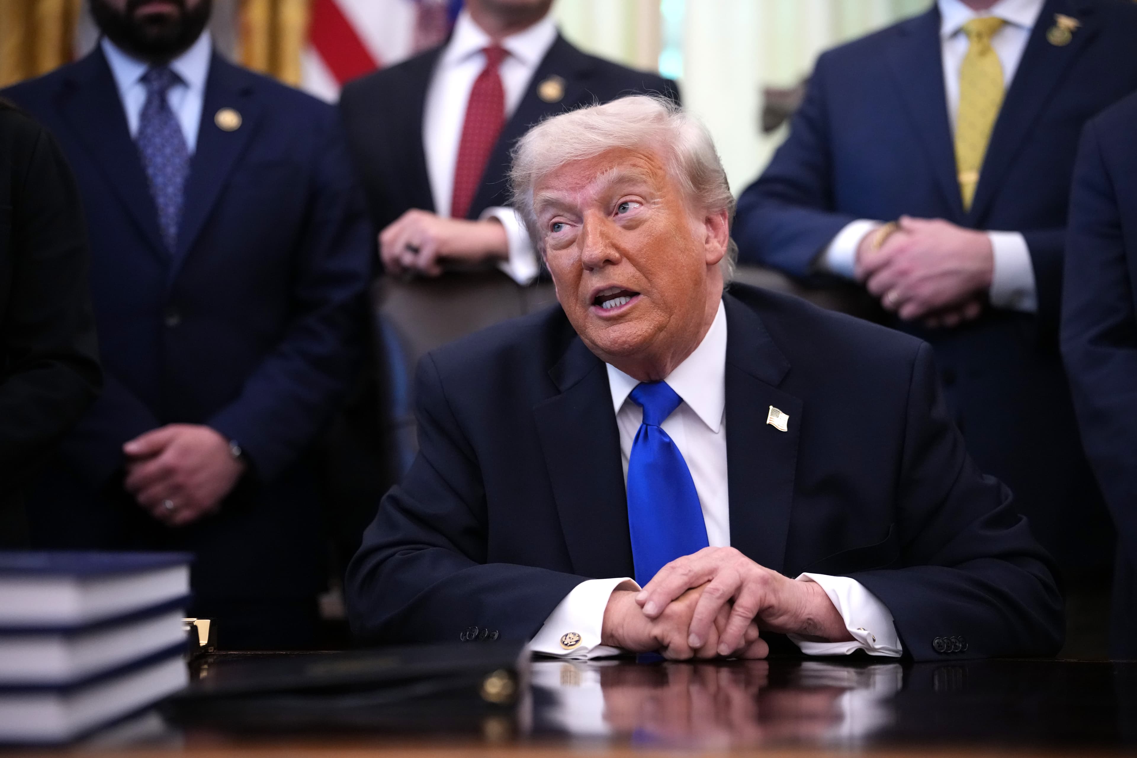 President Trump speaks during an executive order signing in the Oval Office of the White House on April 30, 2026.