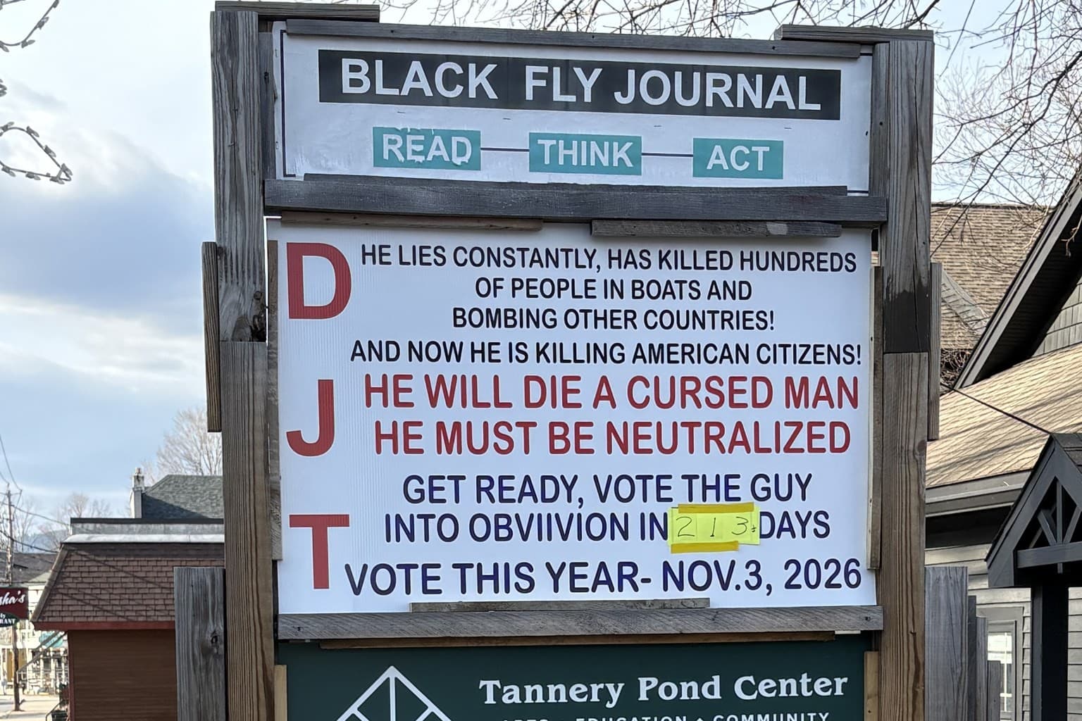 Some residents of a town in upstate New York are upset over this sign calling for ‘DJT’ to be ‘neutralized.’