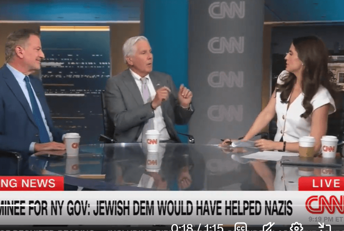 The Republican nominee for New York State governor, Bruce Blakeman, appears with host Kaitlan Collins and the former New York City mayor, Bill de Blasio, on CNN on June 26, 2026.