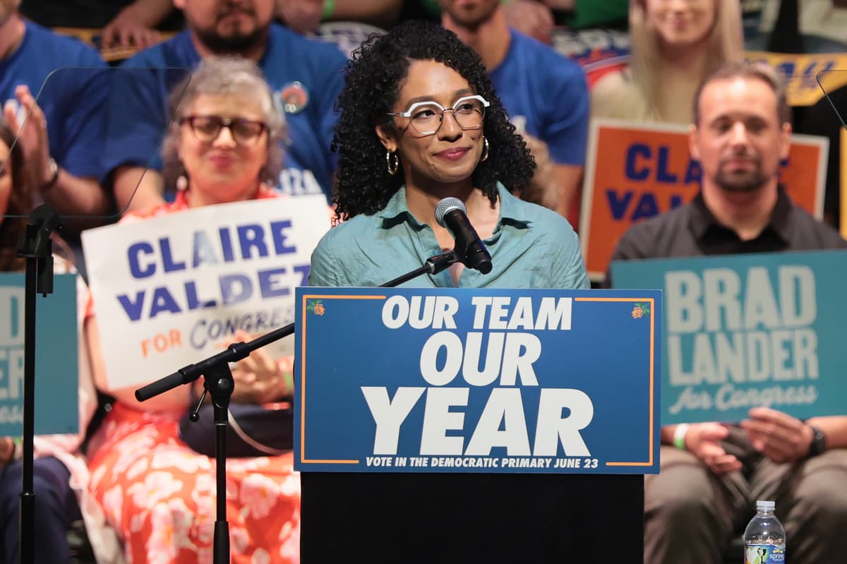 Congressional candidate Darializa Avila Chevalier speaks during a Get Out the Vote rally at New York City on June 18, 2026.