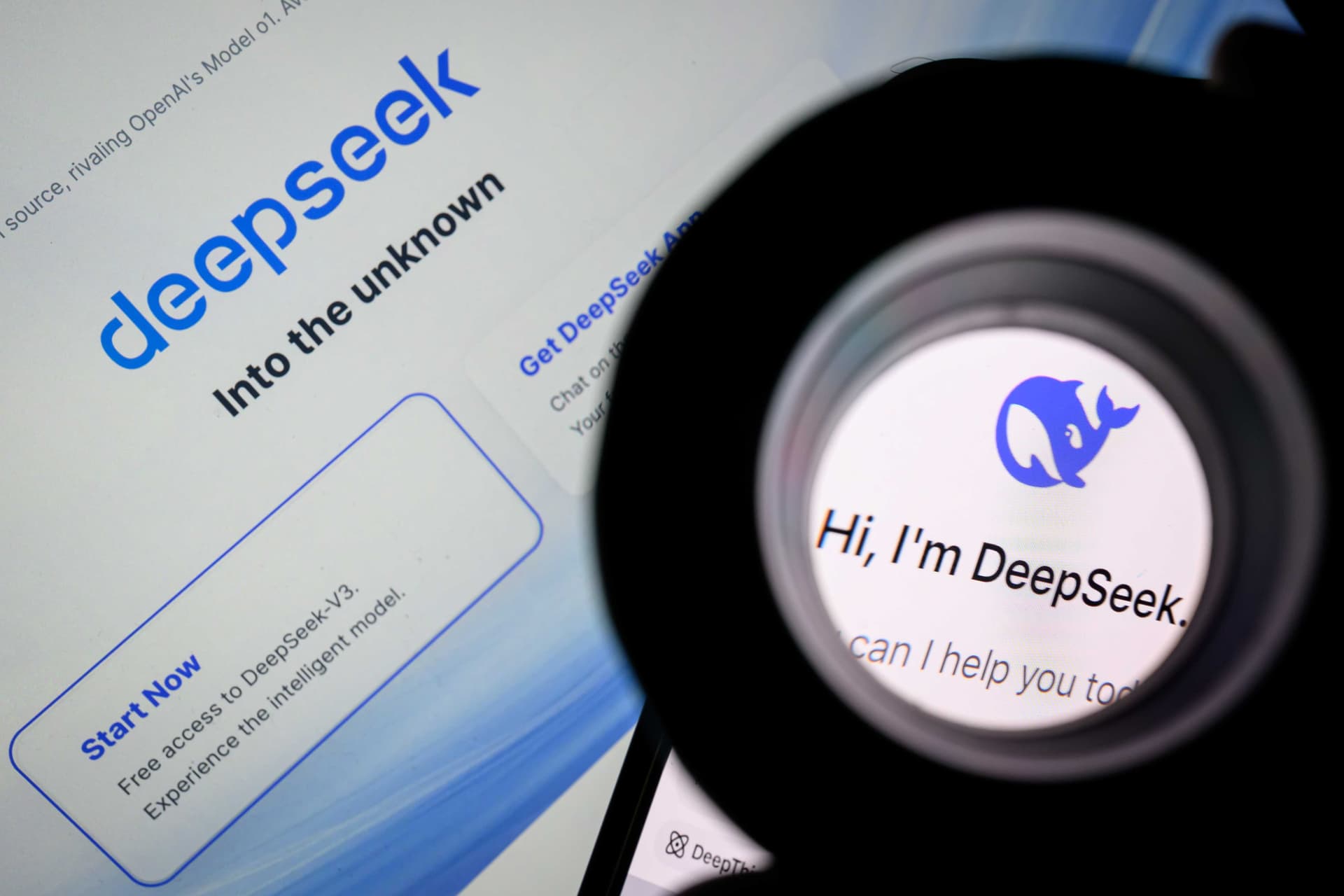 In this photo illustration, the Deepseek logo is seen through a magnifying loupe while displayed on a mobile phone screen at London, England, on January 29, 2025.