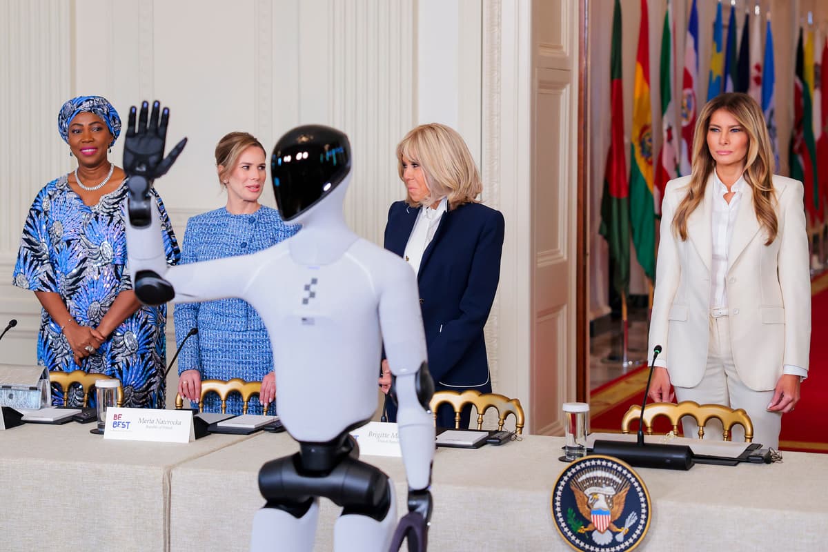 First lady Melania Trump hosts first lady of Sierra Leone, Fatima Maada Bio, first lady of Poland, Marta Nawrocka and first lady of France, Brigitte Macron in the East Room at the White House on March 25, 2026.