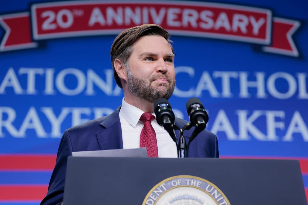 Vice President Vance speaks at the 20th annual National Catholic Prayer Breakfast in Washington, D.C. in February 2025.
