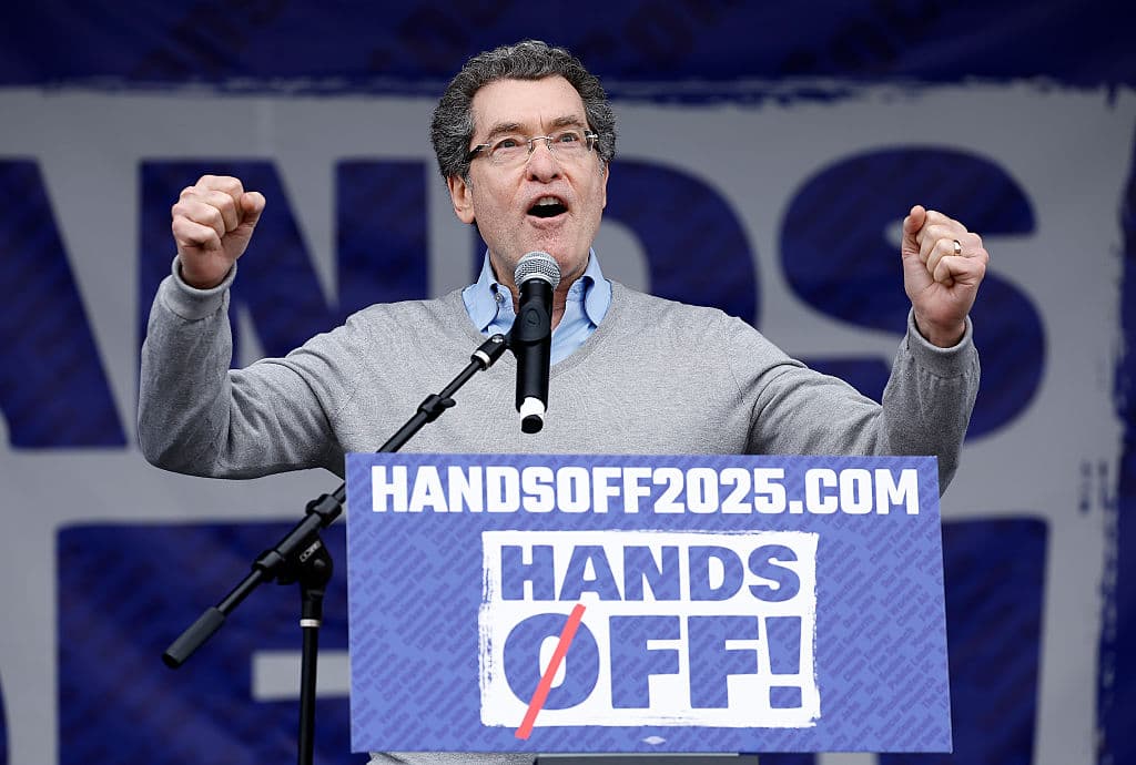 Norm Eisen speaks during the Hands Off! day of action against the Trump administration and Elon Musk on April 05, 2025 at Washington, DC.