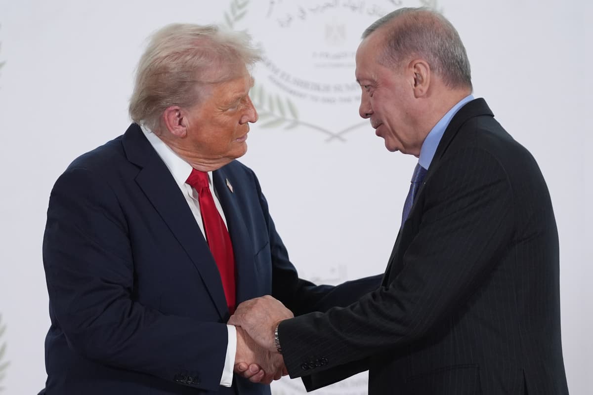 President Trump greets President Recep Tayyip Erdogan during a world leaders' summit on ending the Gaza war on October 13, 2025 at Sharm El-Sheikh, Egypt. 