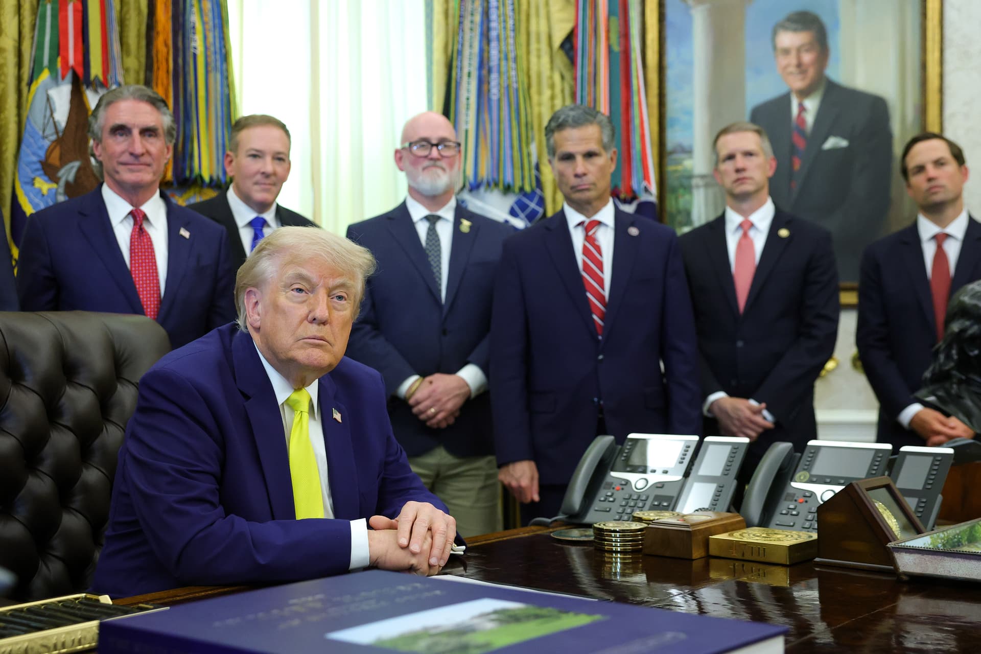 President Trump listens to questions from the media in the Oval Office of the White House on June 4, 2026.