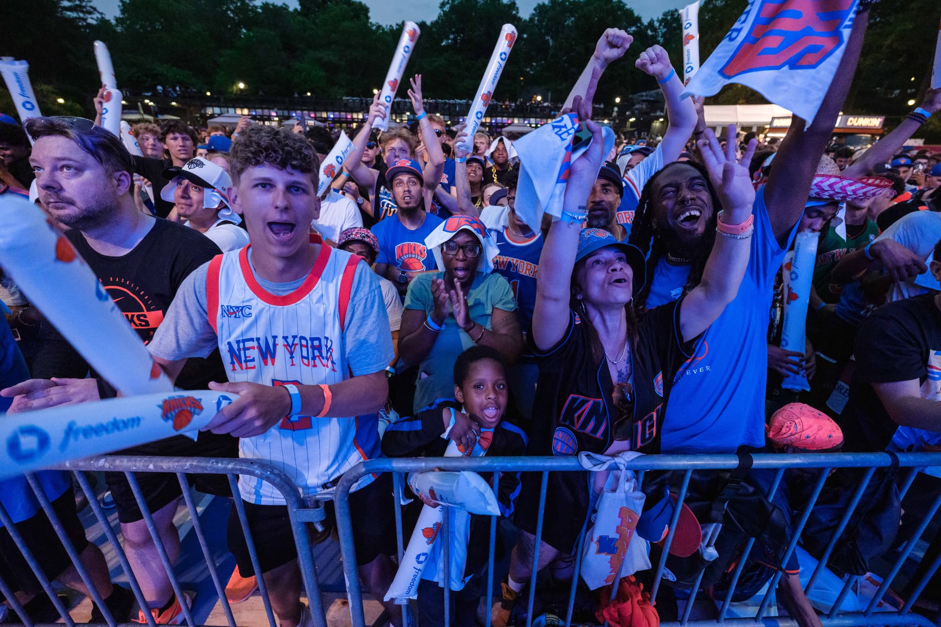 Knicks fans gather at the Wollman Rink in Central Park for Game 4 of the NBA Finals on June 10, 2026 after Madison Square Garden canceled its watch party.