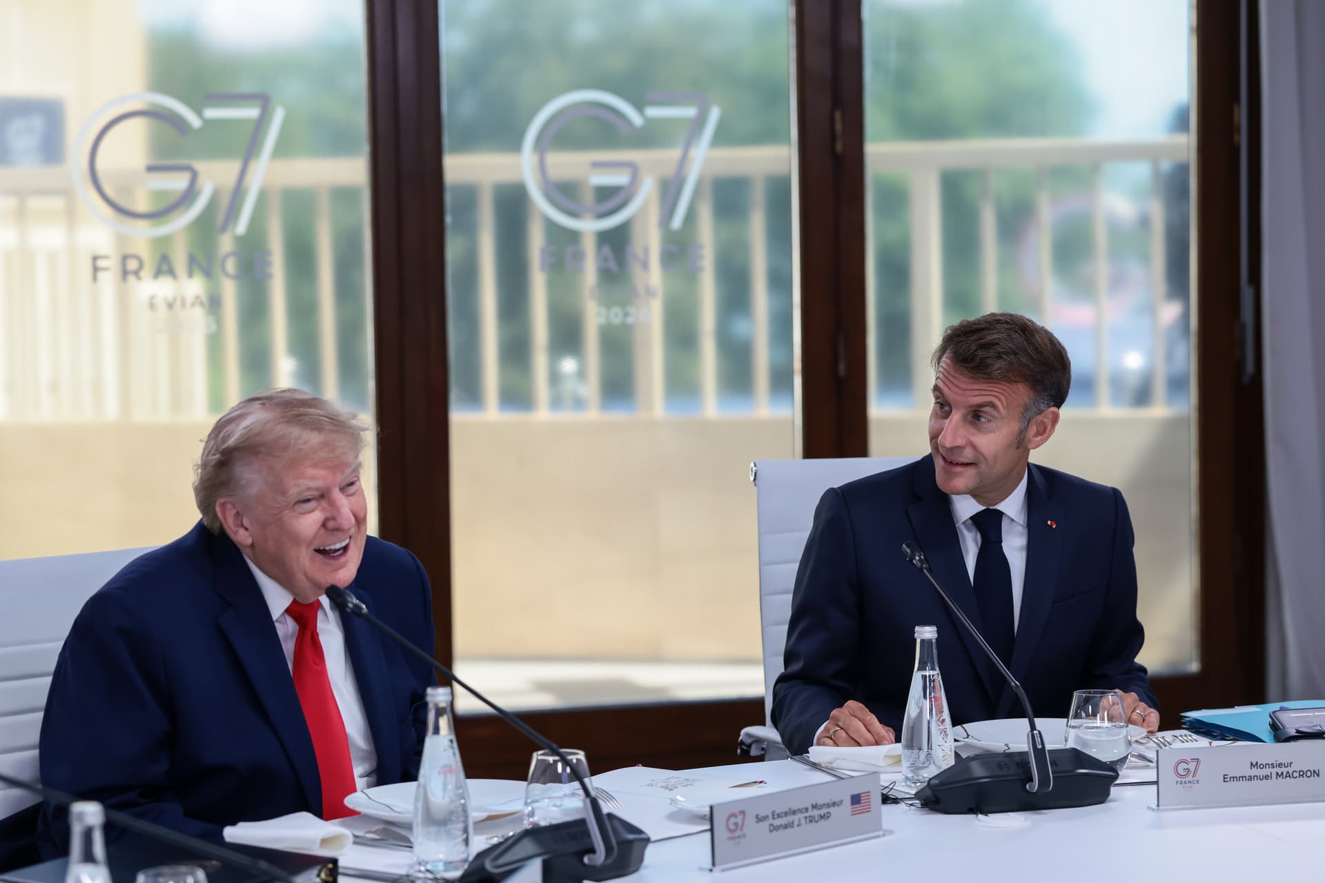 President Trump and President Emmanuel Macron attend a working lunch with leaders of G7 and the Middle East, on June 16, 2026 at Evian-les-Bains, France. 