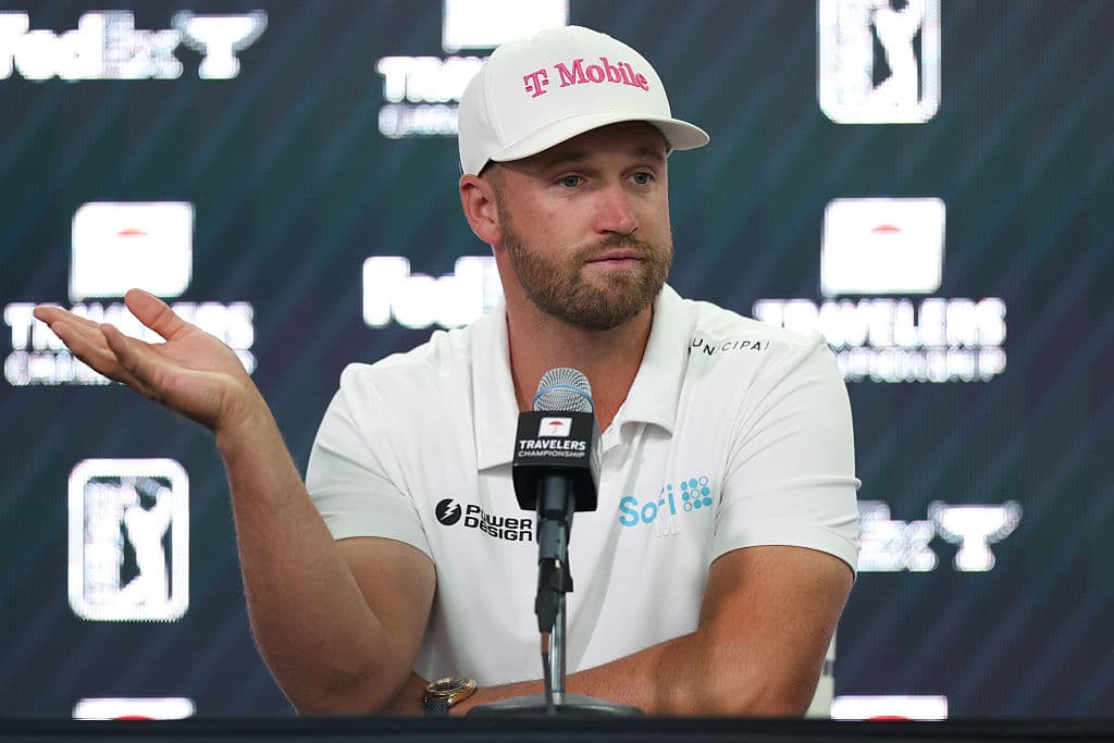 Wyndham Clark addresses the media prior to the Travelers Championship 2026 at TPC River Highlands in Cromwell, Connecticut.