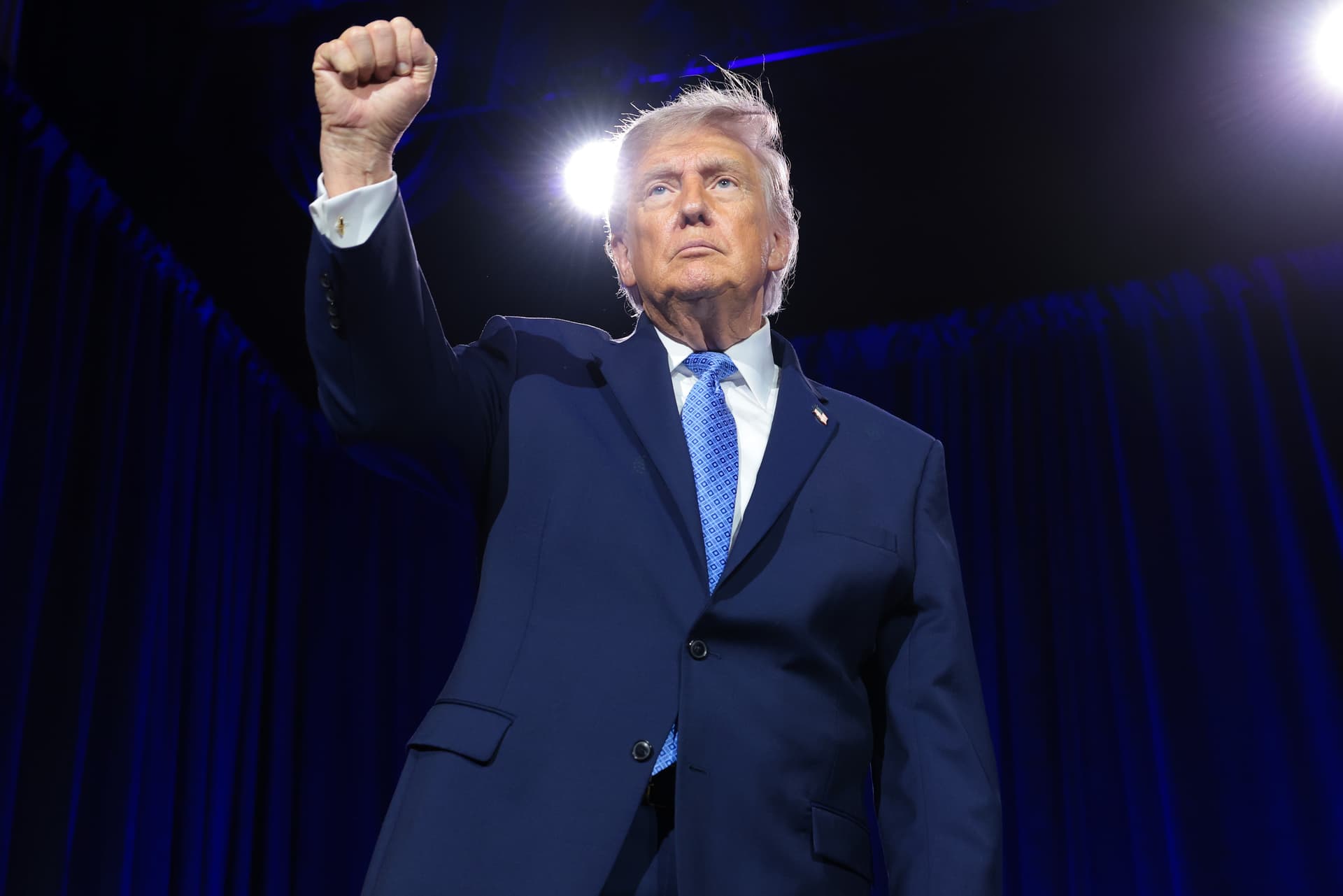 President Trump pumps his fist as he leaves the stage after delivering remarks during the Faith & Freedom Coalition's 2026 Policy Conference at the Washington Hilton on June 26, 2026 in Washington, D.C.