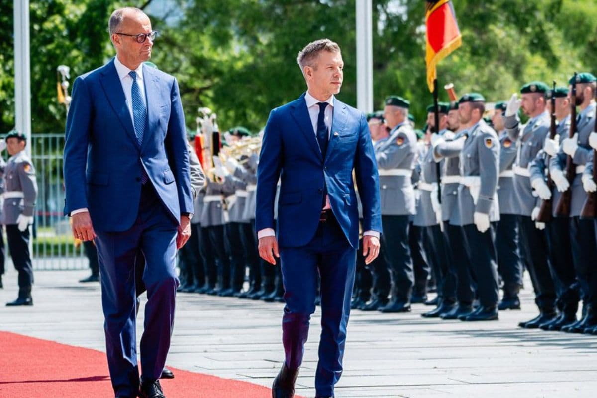 Chancellor Friedrich Merz of Germany, left, escorts the newly elected prime minister of Hungary, Peter Magyar, during an official visit at Berlin on June 2, 2026.