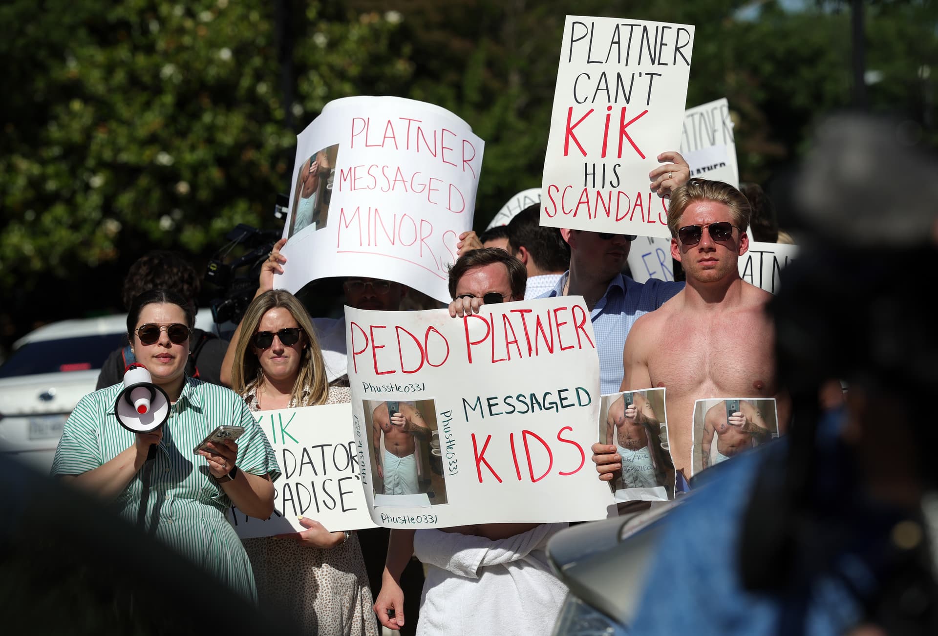 Demonstrators protest outside the Democratic Senatorial Campaign Committee as a Senate candidate, Graham Platner, meets with senators at Washington, D.C., on June 2, 2026.