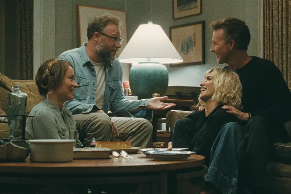 Oliva Wilde. Seth Rogen, Penelope Cruz, and Ed Norton in 'The Invite.'
