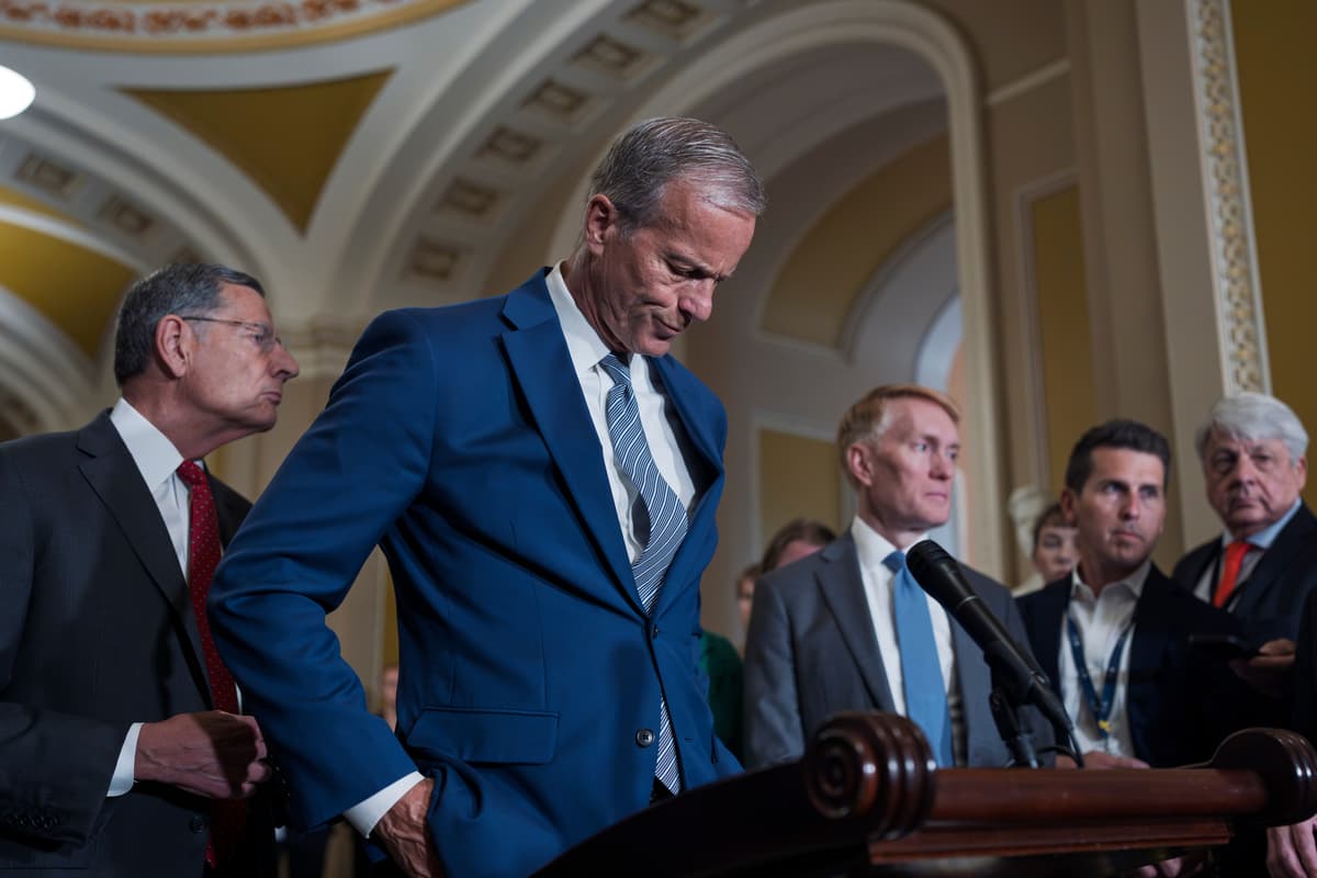 The Senate majority leader, John Thune, speaks to reporters at the Capitol on June 23, 2026, ahead of a Wednesday meeting with President Trump.