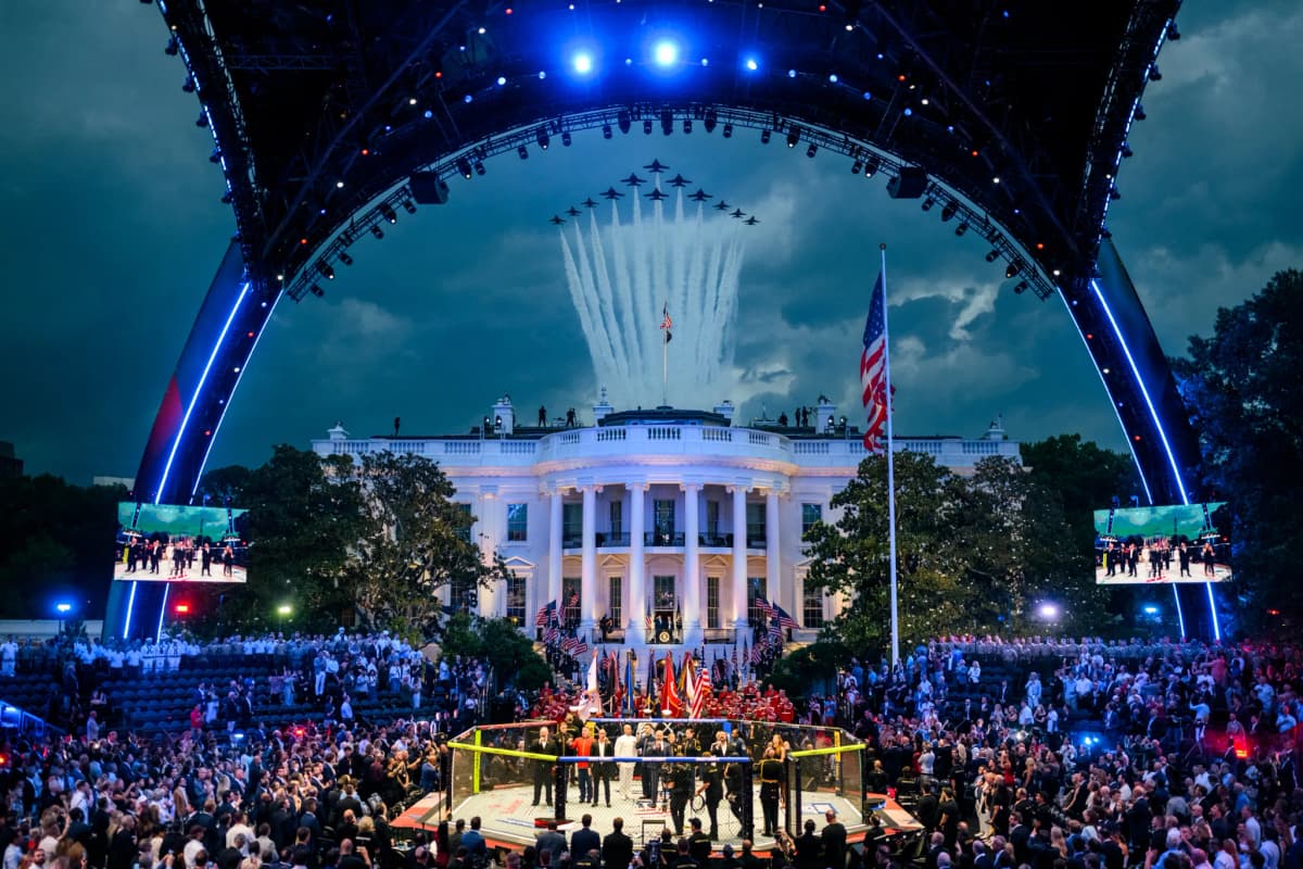 Whitehouse.gov Air Force fighter jets do a flyover at the UFC Freedom 250 fight at the White House on June 14, 2026.