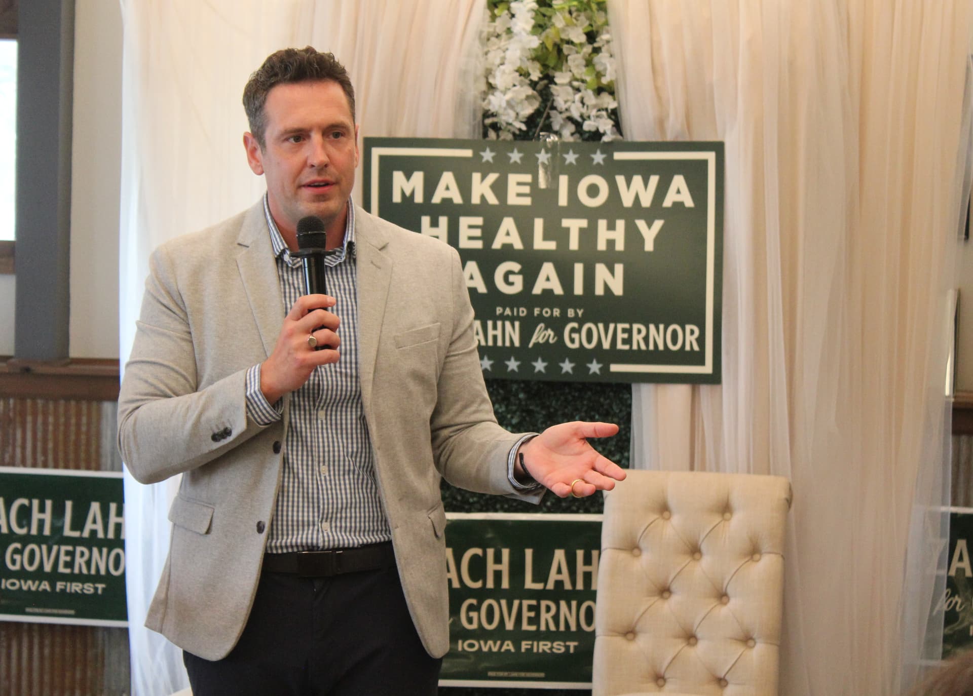 Zach Lahn, Republican candidate for Iowa governor, speaks during a campaign event May 28, 2026, at Newton, Iowa.