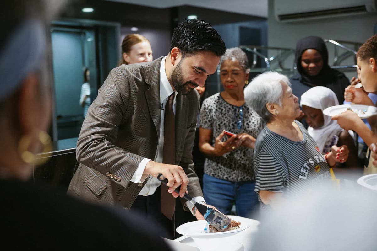 New York City Mayor Zohran Mamdani celebrates a rent freeze on landlords with an ice cream cake for tenants of Lenox Hill Terrace at East Harlem, June 26, 2026.