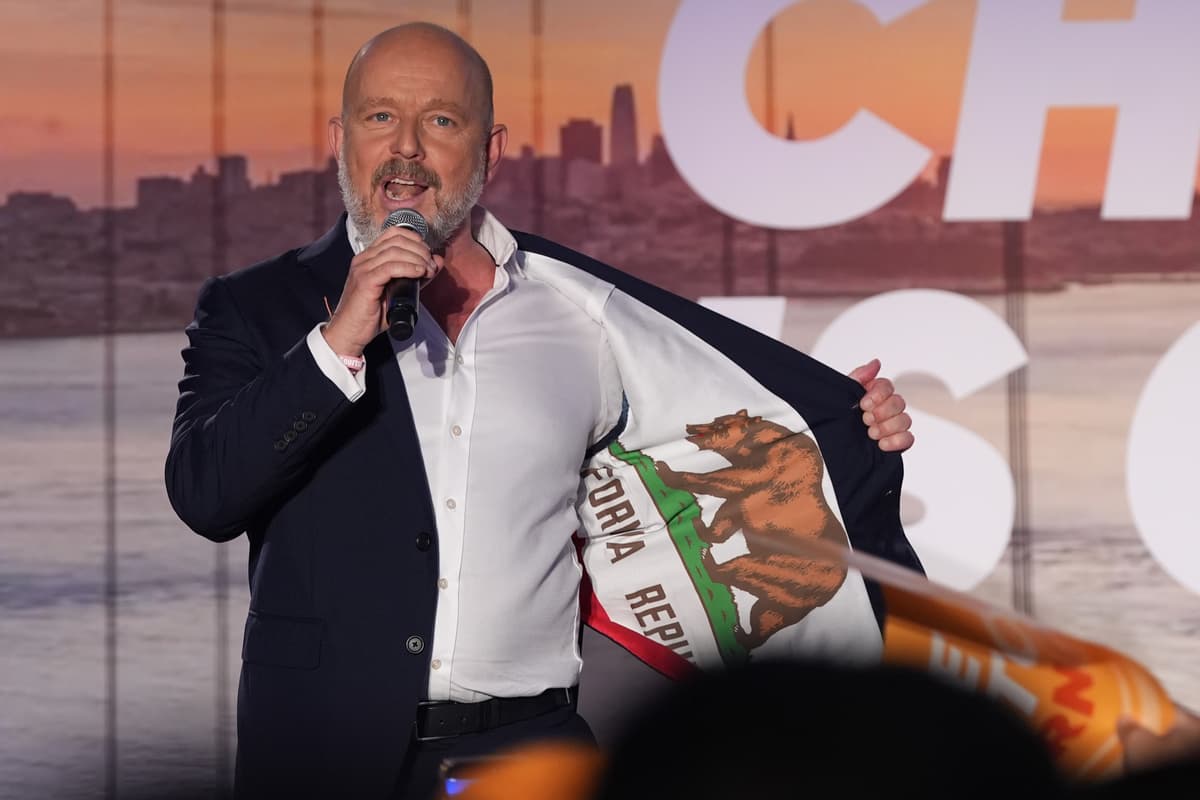 A Republican gubernatorial candidate, Steve Hilton, on June 2, 2026, at Huntington Beach, California. 