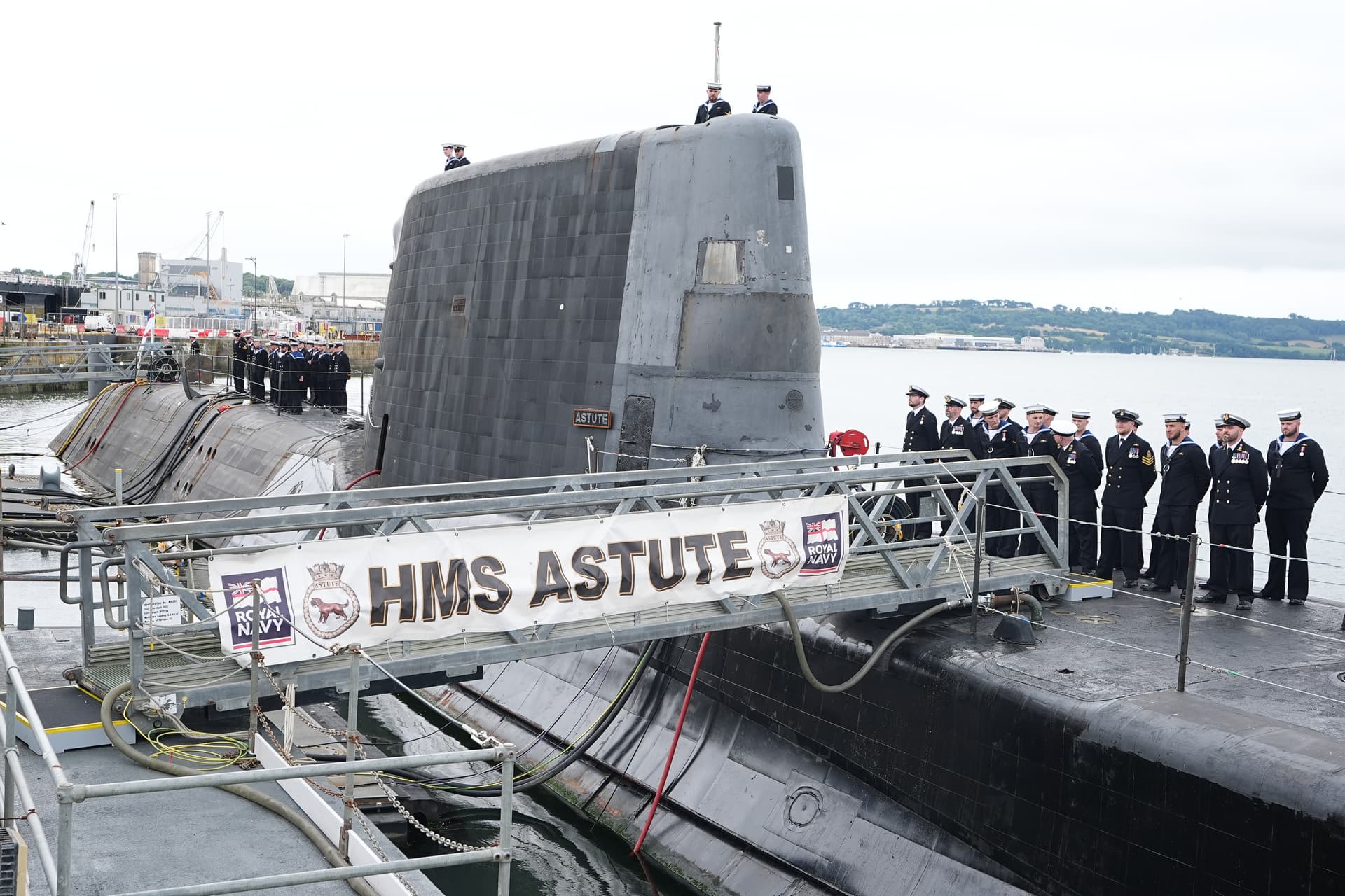 His Majesty's Ship Astute ahead of a visit by Queen Camilla on July 16, 2025 at Plymouth, England. 
