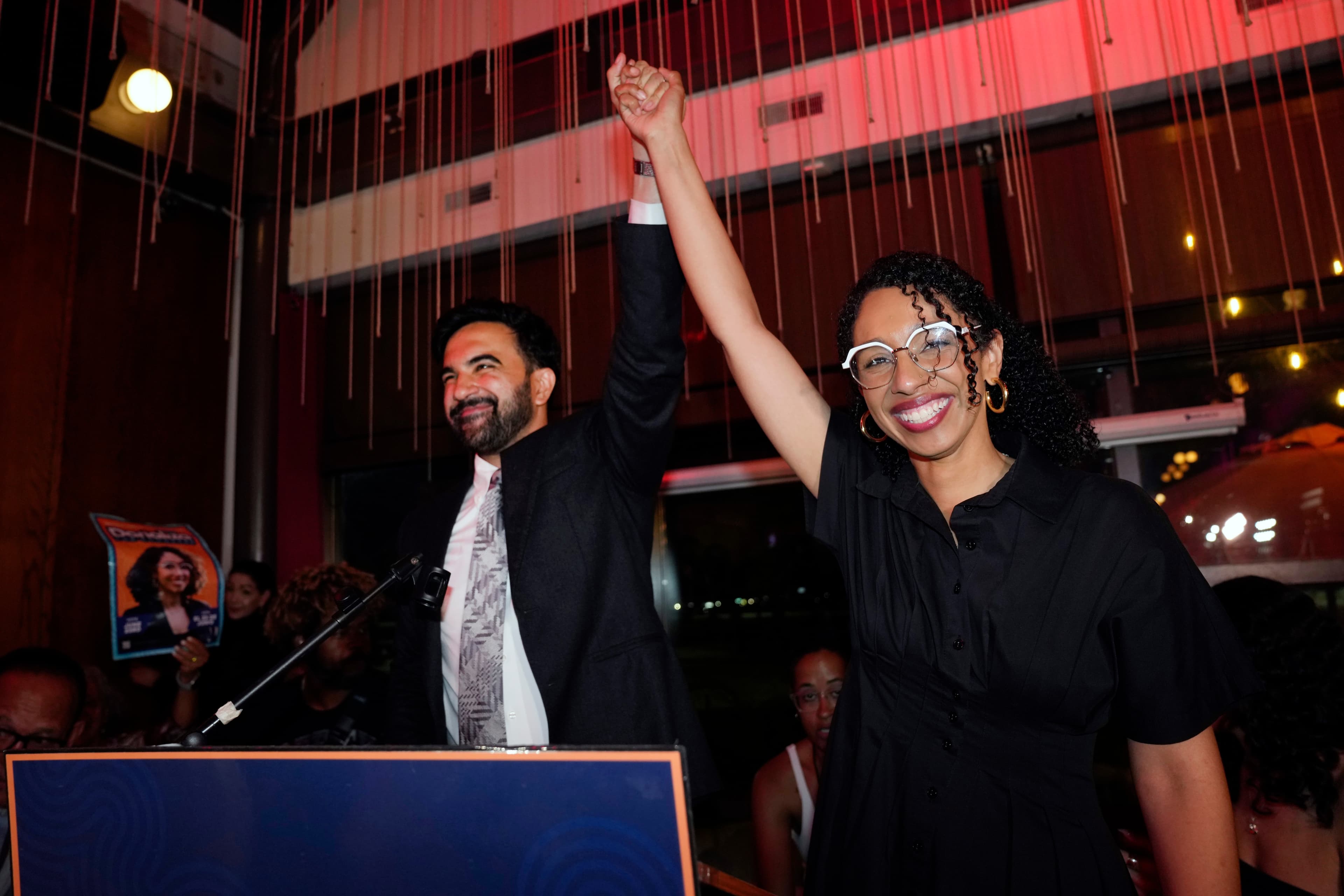 Mayor Zohran Mamdani celebrates with a Democratic congressional candidate, Darializa Avila Chevalier, during an election night watch party on June 23, 2026.