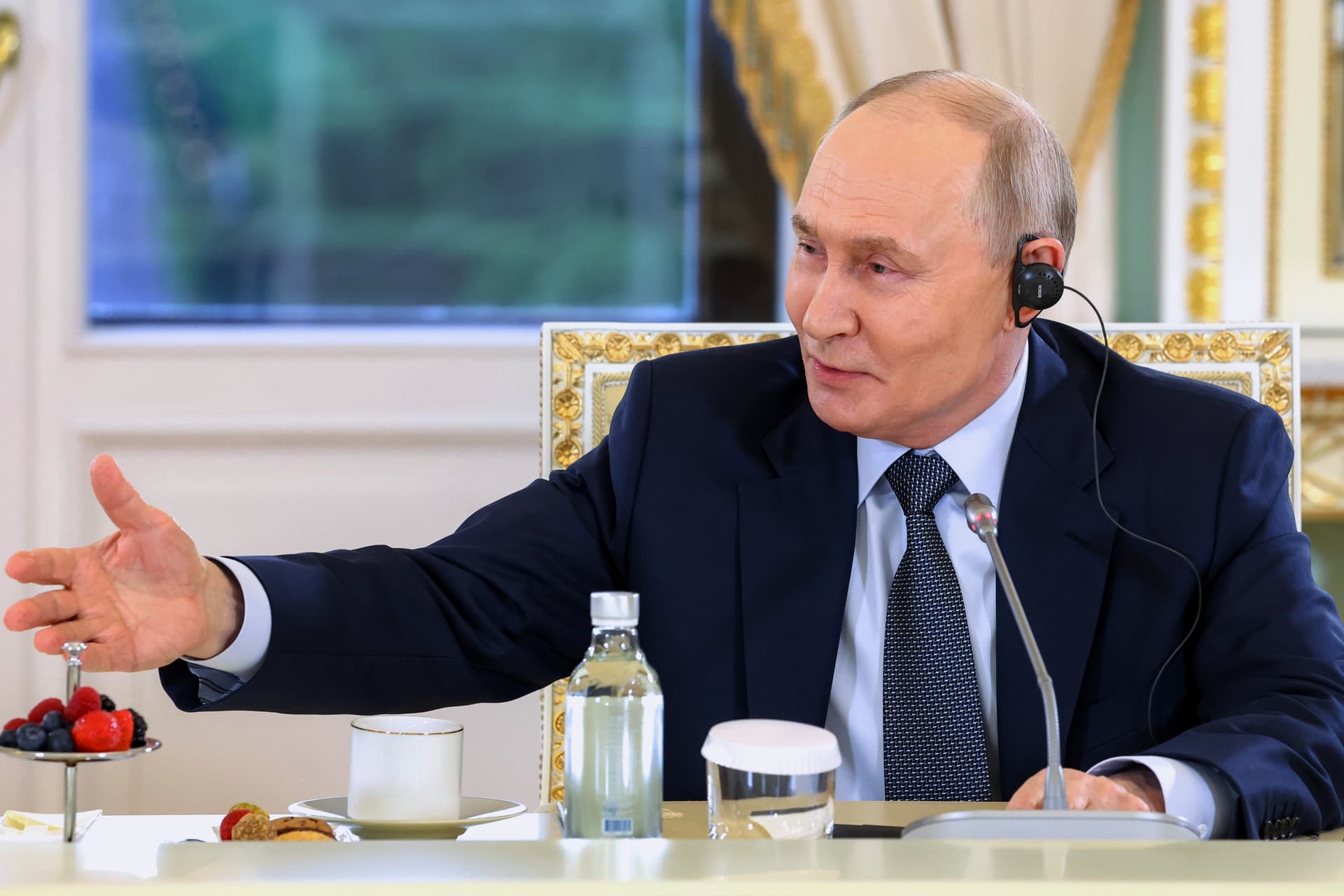 President Vladimir Putin gestures during a meeting with representatives of international news agencies on the sidelines of the St. Petersburg International Economic Forum at the Constantine Palace in St. Petersburg, Russia, on June 4, 2026. 