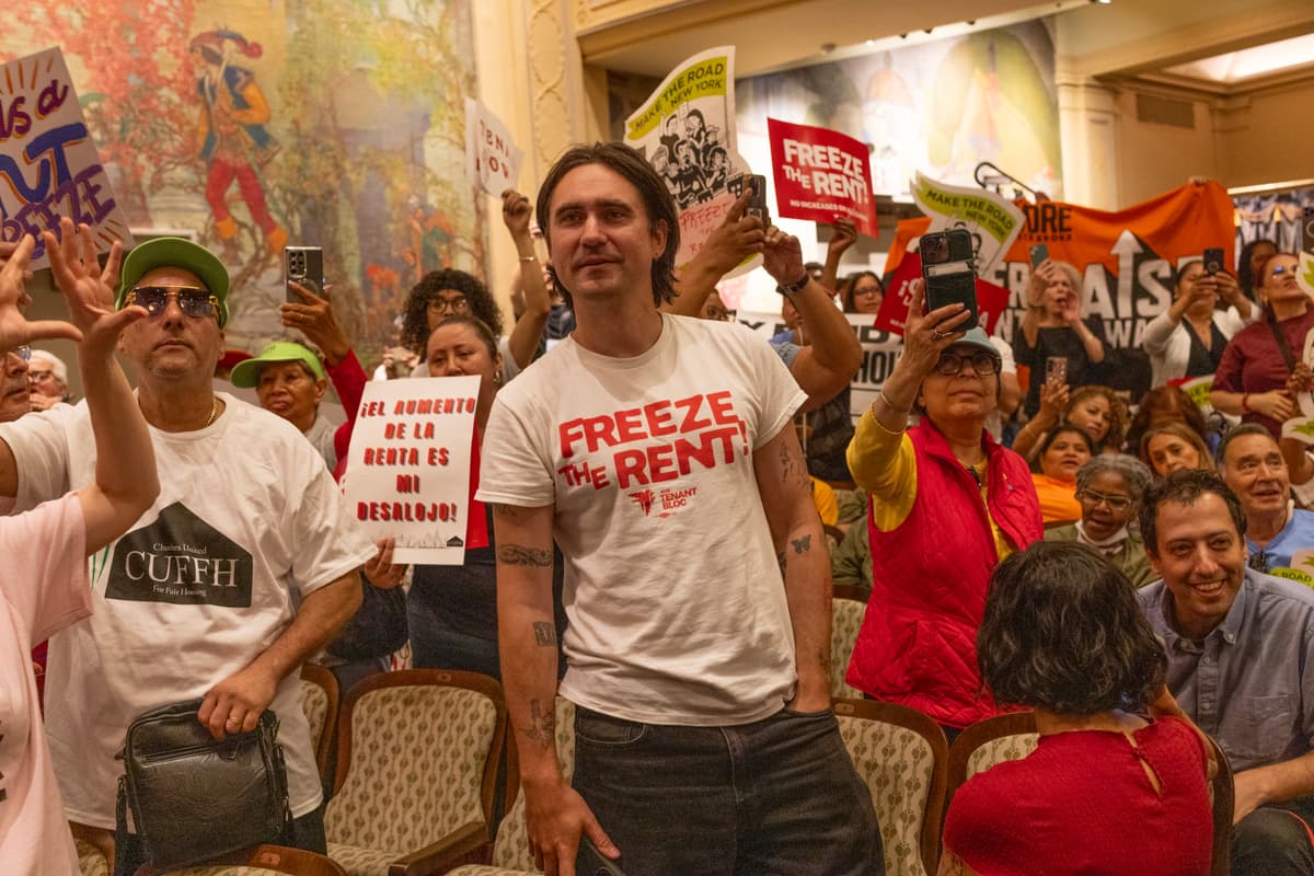 Activists at the hearing of the New York City Rent Guidelines Board on June 25, 2026, at East Harlem's El Museo del Barrio. 