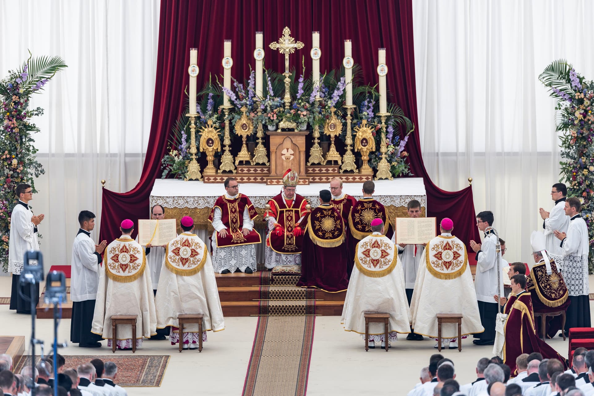 Alfonso de Galarreta, Bishop of the Society of Saint Pius X, during a Mass outside the Society of St. Pius X seminary, at Econe, Switzerland, July 1, 2026.