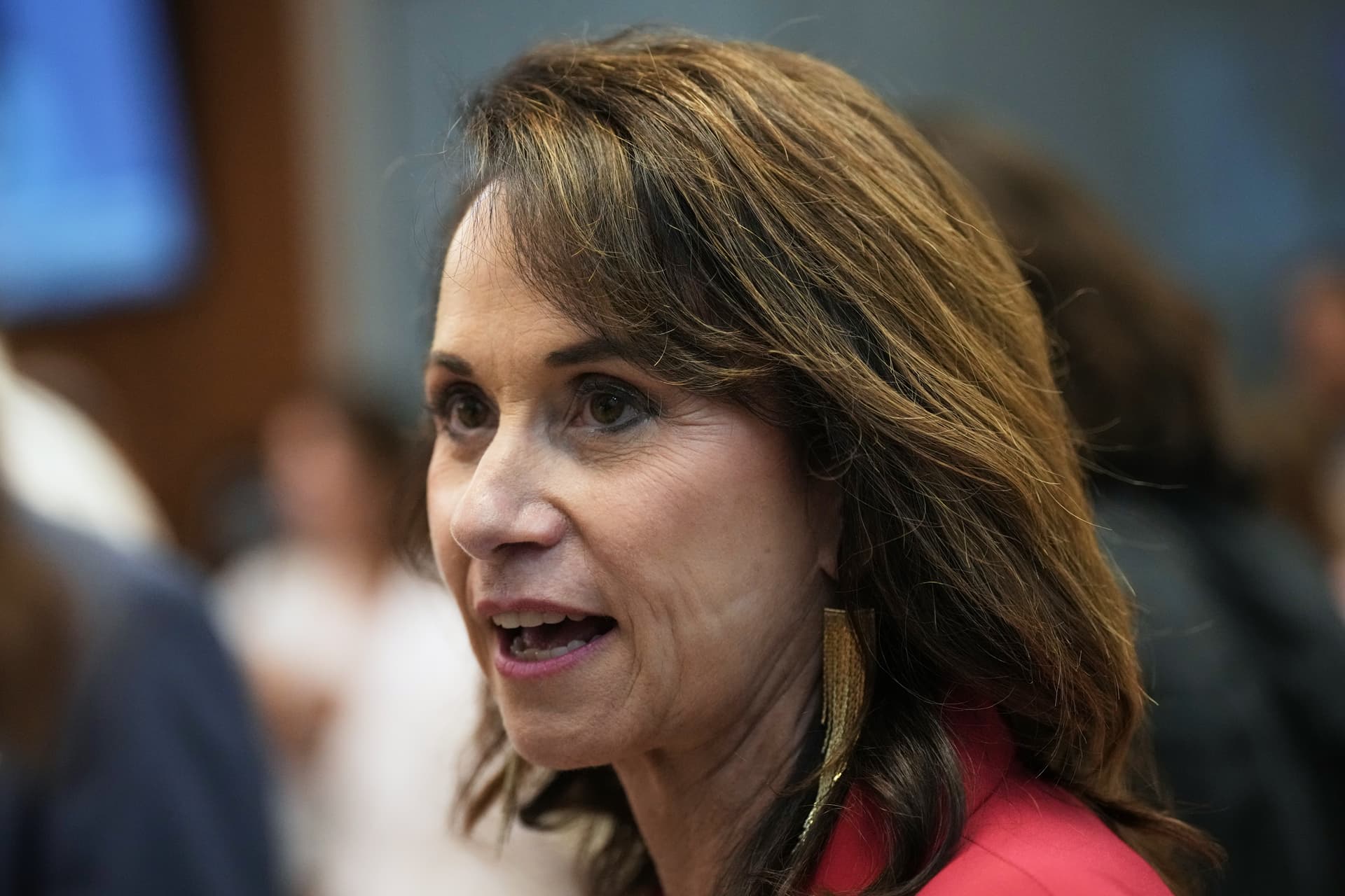 Louisiana’s attorney general, Liz Murrill, speaks with attendees during an election night watch party for United States Senate candidate Julia Letlow at Baton Rouge on May 16, 2026.